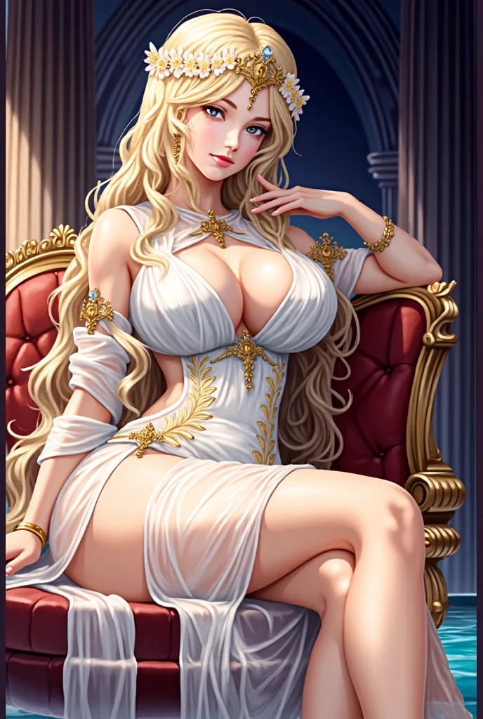 Greek goddess Aphrodite, serious and  face, has a face of supernatural beauty and short curly blonde hair decorated with flowers, as well as blue eyes. (perfect ) , (perfect eyes) 