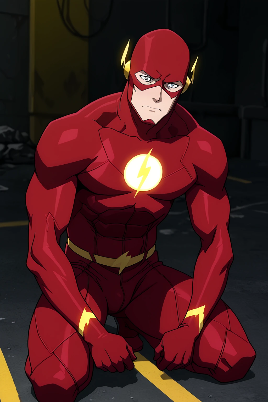 score_9, score_8_up, score_7_up, score_6_up, comic style, 1boy, solo, muscular, flash, green eyes, red bodysuit, red mask, yellow bracelets, angle from below, standing, indoors, bathroom, steam, big ass, tight clothes, looking at the viewer, serious face,  <lora:Flash_DC_Animated:1>