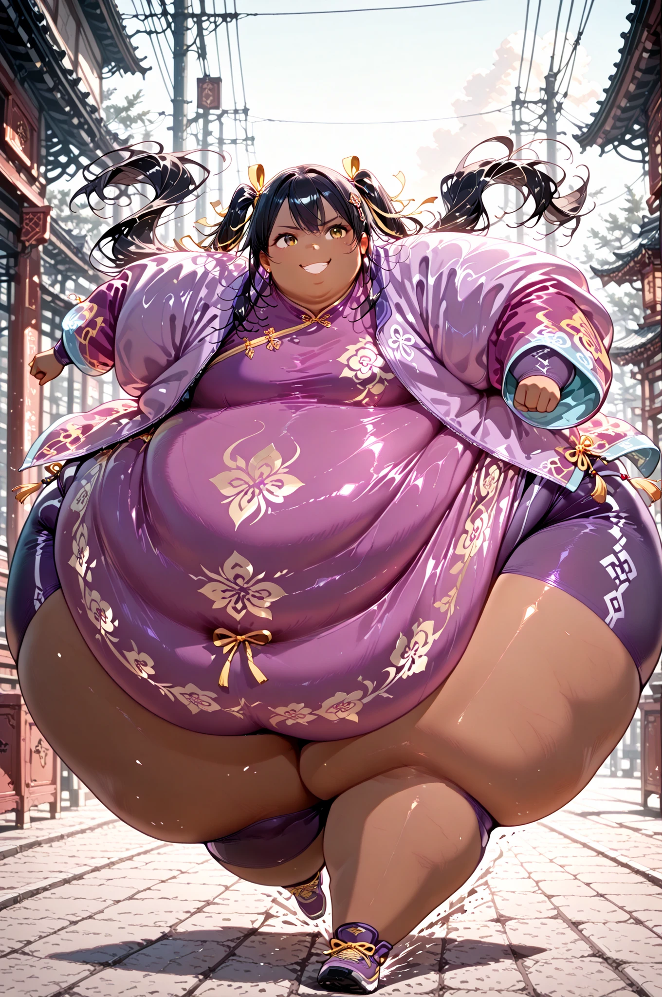 masterpiece, best quality,haylin_w, 1girl, solo, long hair, black hair, dark skin twin tails, brown eyes, Asian, shirt, long sleeves, hair ornament, ribbon, hair ribbon, open clothes, shorts, open jacket, purple jacket, purple shorts, Chinese clothes, short dress, bike shorts, China dress, yellow ribbon, hyper obese, hyper fat, full body, smile,  outdoors, running, action pose, dynamic angle.