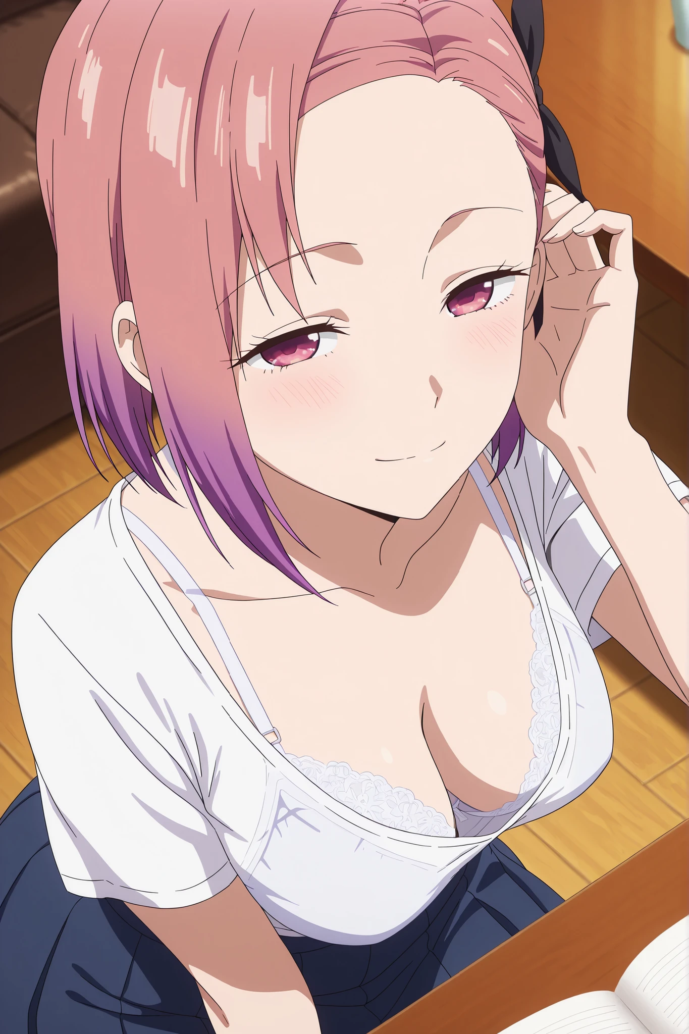 8K,HDR,best quality, high quality,amazing quality,highly detailed,ultra detailed,high resolution, absurdres, newest,(anime screencap:1),(anime coloring:1),(anime style:1),perfect eyes,detail1eye,well-defined fingers,(perfect anatomy:1), (perfect fingers,5 fingers:1),upper body,from front,(from above:1.2),close up,

BREAK 
1girl,solo,tsubame koyasu, short hair, hair ribbon, pink hair, purple hair, multicolored hair, pink eyes, gradient hair, forehead, mature female, medium breasts, anime screencap,

short sleeves, collarbone, white shirt,pleated skirt,navy skirt,

BREAK 
white bra,silk bra,lace trim bra,looking at viewer,hed up,bending over, pick up book with one hand, slightly downblouse,sitting a floor,tucking hair,

BREAK 
sensual,light smile,light blush,upturned eyes,half closed eyes,
boob_windowV1,

BREAK 
indoor,table,living room