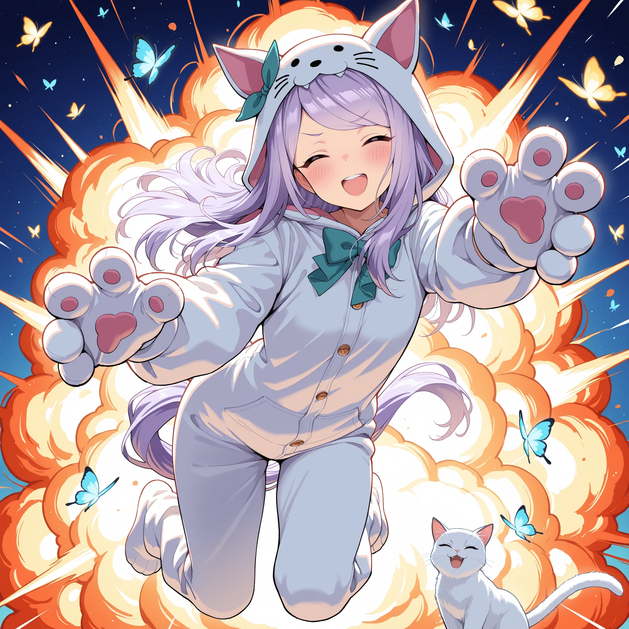 a cute adult male with wolf ears, long white hair, long locks, has a wolf tail, wearing a loose cropped black hoodie, wearing a pair of denim short shorts and fishnet stockings, thick thighs, wide , relaxing on mound of fluffy multi colored kawaii plushies, short, very slim, showing slender tummy, heart on hoodie, squishy thighs, has glowing blue eyes. alone, solo (ALONE)(SOLO), surrounded by rainbows, colorful galaxy backround