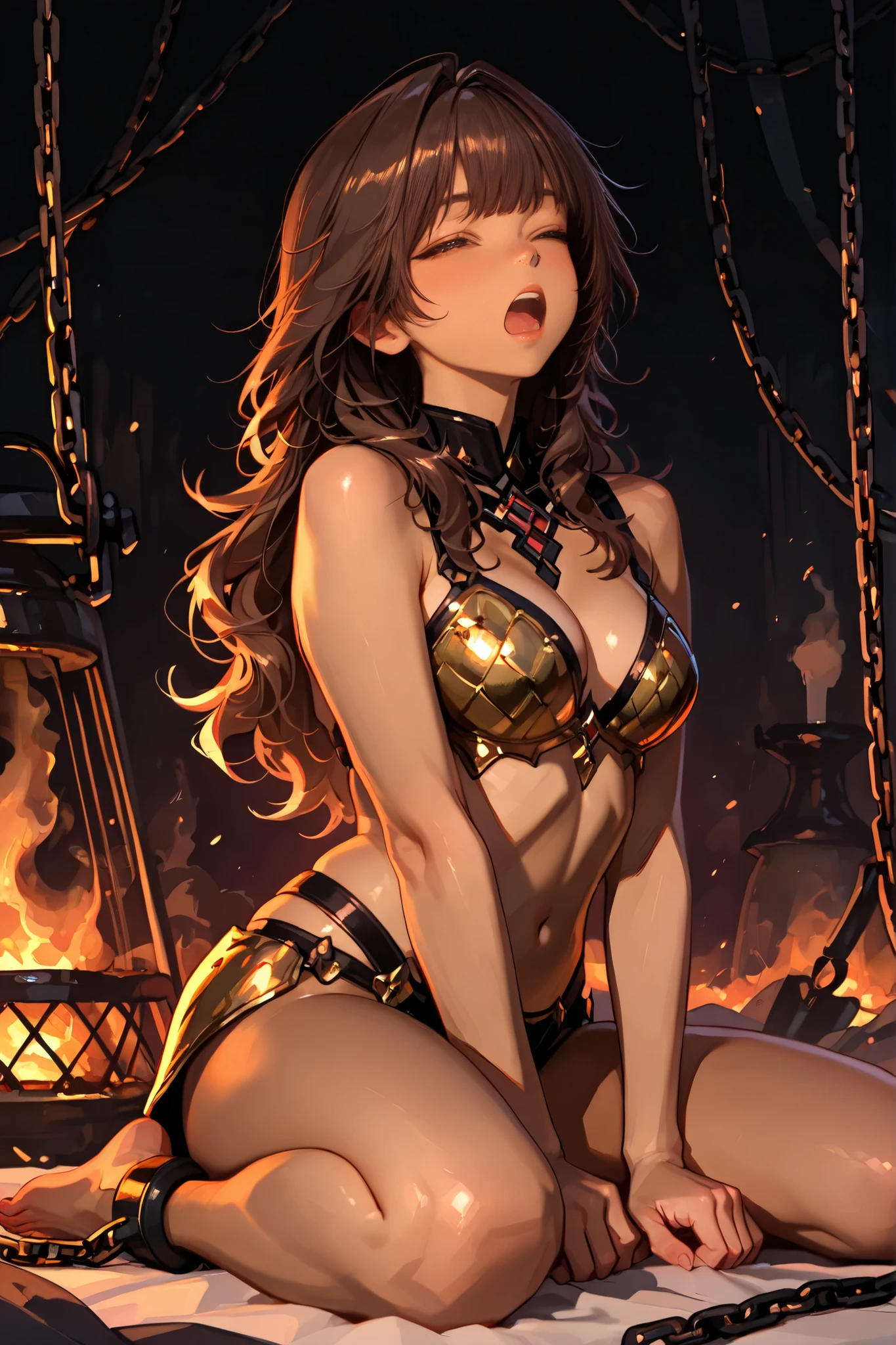 ((Nezuko Komado)), (shiny skin), metallic gold bikini, huge breasts, thick thighs, thigh highs, beautiful face, sexy pose, red moon in the background, stars, space, (lightroom:1.13), soft light, (natural skin texture:1.2), (hyperrealism:1.2), sharp focus, focused, (((arms behind back))), photorealistic, detailed coloring, detailed high quality, chromatic aberrations, ultra detailed quality skin, detailed ray tracing lighting, minimal, gold and pink monochromatic color palette, sitting, legs spread, 
