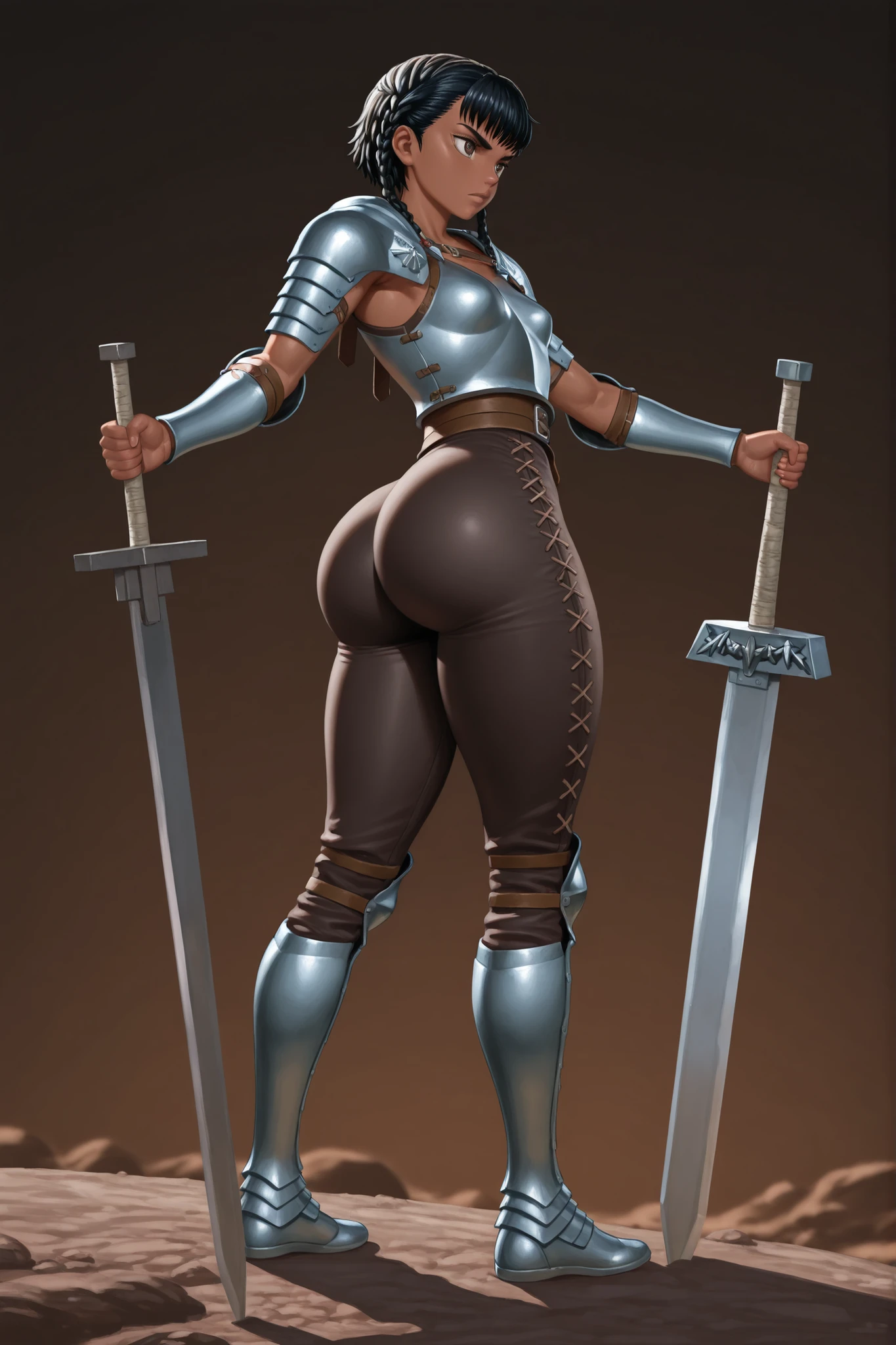 ((masterpiece)),(((best quality))),(((character design sheet, Dame Aylin))), illustration,1woman, environment Scene change, (long hair:1.4),((full body view,  woman in tight medieval armour:1.5)), slim athletic figure, black legs, thick legs, scribbles and marks,  ((detailed face:1.1)), (huge round :1.2, round , fat , gigantic large :1.6), rough sketches, (puffy  lips:1.5), pose too, posing like a model, 8k,16k, (oil painting, simple background, light background: 1.3), 