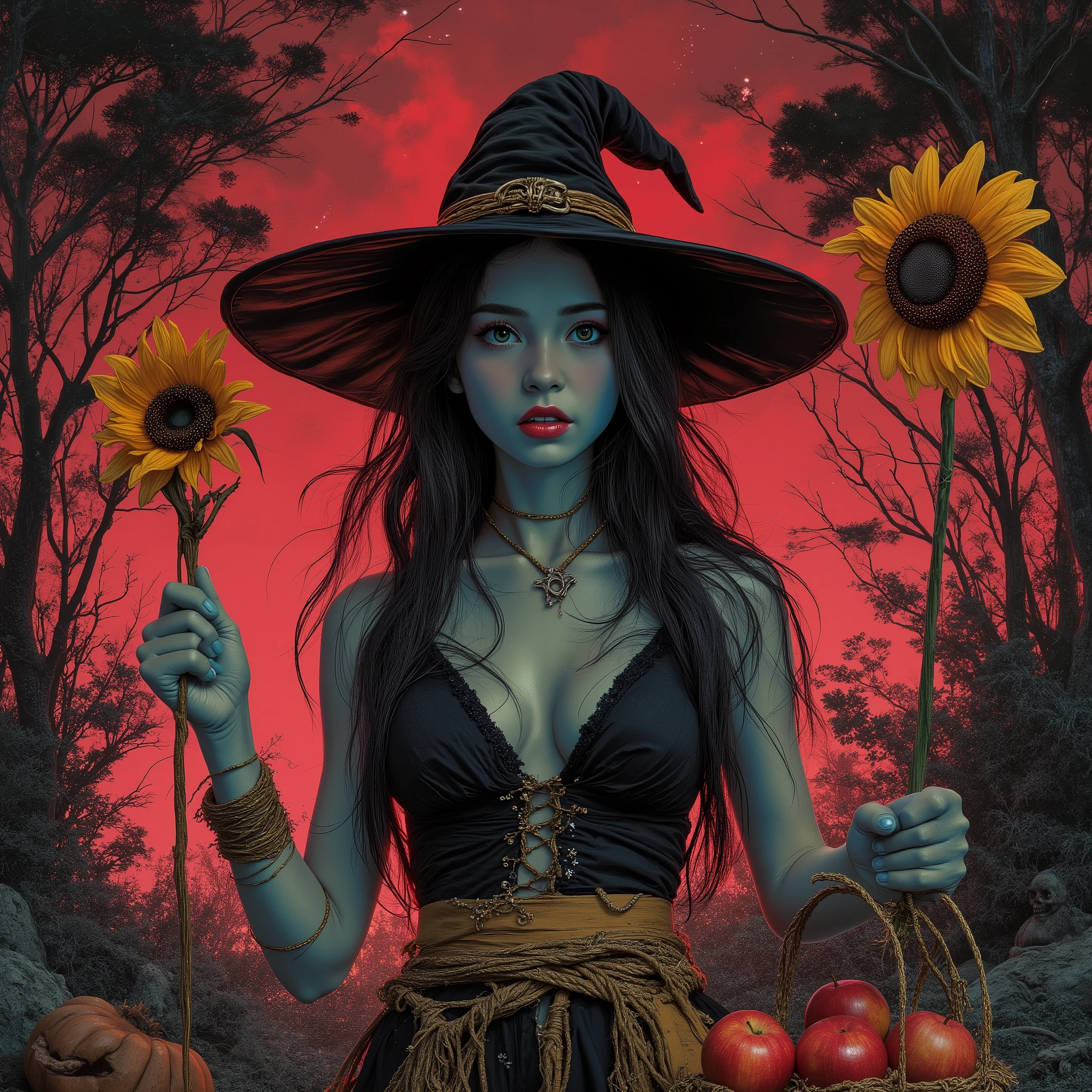 Bewitching Witch、Blue Face Wearing a Pointy Hat、bright red lipstick、Wand Like a Withered Sunflower in One Hand、Picnic Basket with Lots of Apples in the Other Hand、Tattered Witch Outfit、Yellow Rag Pants、Binding one's feet with rope、RPG character art、Red Sky、 black clouds、High-definition character design、Dark Fantasy Style、Elden Ring Video Game Character Art、Highly Detailed Line Drawings、Bright, Low-Saturated Ink Painting、Halloween Atmosphere、Jack O Lantern、magic sparkle、Mysterious Aura、Spooky Forest Backdrop