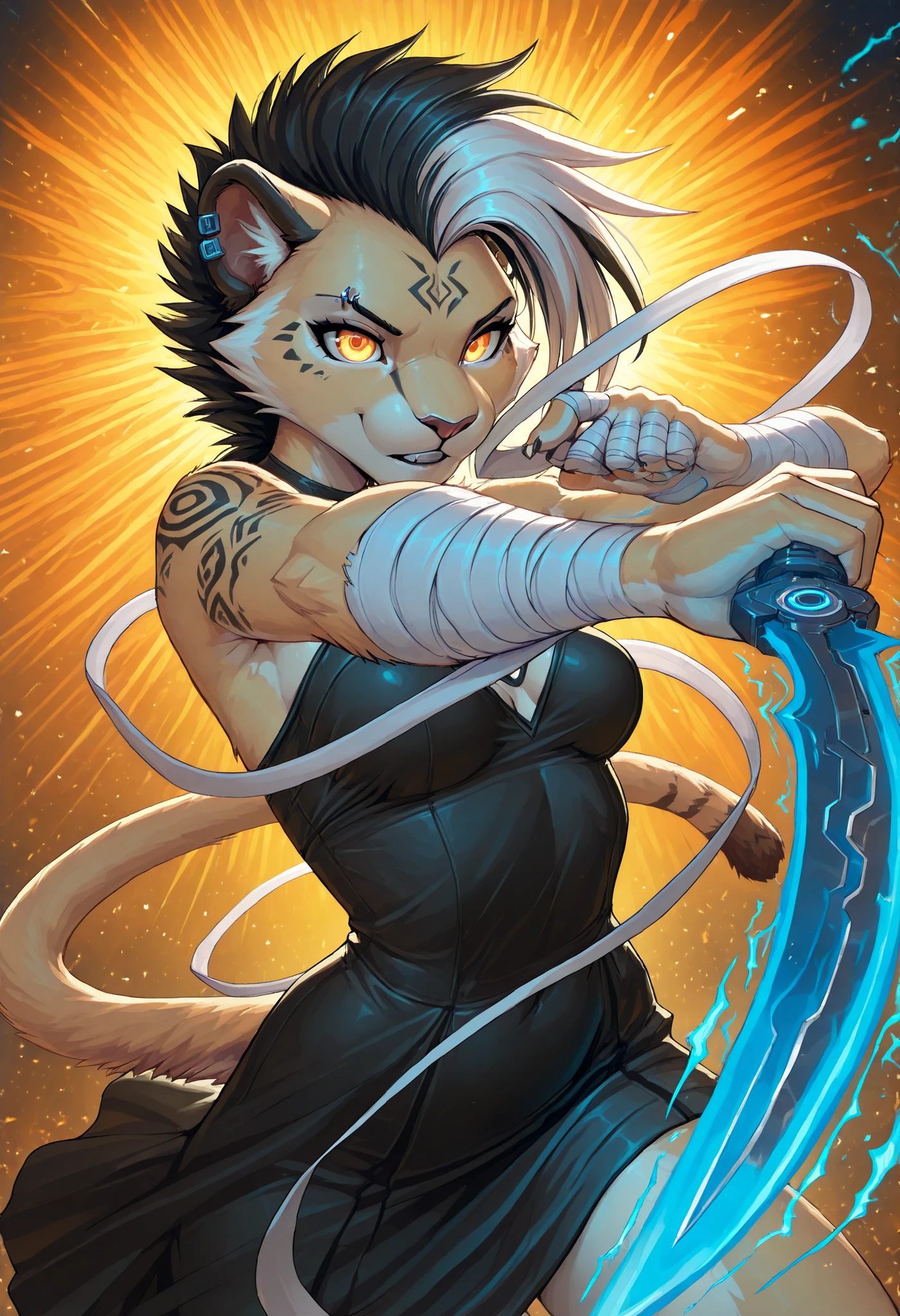 anthro , Zaffa , lioness, ((female)), Orange gradient eyes, black and white hair , white fur , fluffy fur , detailed fur , black tattoo , eyebrow piercing , ear clip , slim body, beautiful illustration,glowing, action pose, dress, dynamic pose, Dynamic action, dynamic angles, dynamic perspective, dynamic color, dynamic light, holding weapon, (moody lighting, dramatic shadows, bloom lighting, colored shadows, Ink Style, best quality, soft lines, clear details, masterpiece:1.3, 8k:1.3, Highest quality:1.3, detail:1.3, high resolution:1.3, digital painting, super detail, 1female), (cinematic, dynamic action, sci-fi fantasy), 1 female, mid 20s, athletic build, in a dynamic pose, (bandages on his arms unwinding and conducting streams of raw blue energy:1.6), (energy coalescing into a blade in his hand:1.4), focused expression, futuristic urban battlefield, (bandages glow with runic patterns as energy flows through them:1.3), motion blur, controlled chaos, energy channeling, living weapon.