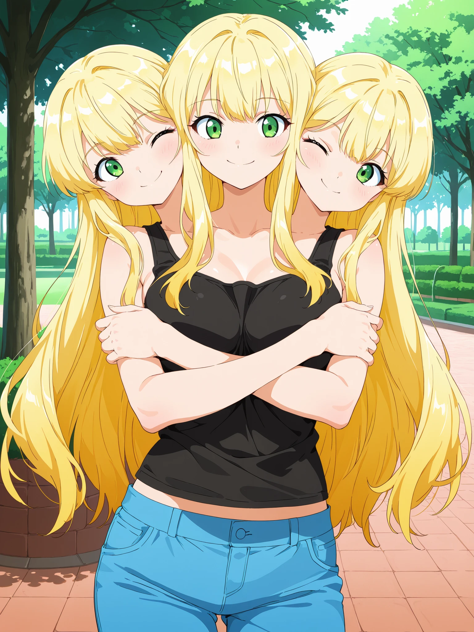 conjoined, anime girl with three heads, long blond hair, green eyes, one eye open and one eye closed, hugging herself, smiling, closed mouth, cheeks pressed together, black tank top, blue pants, park