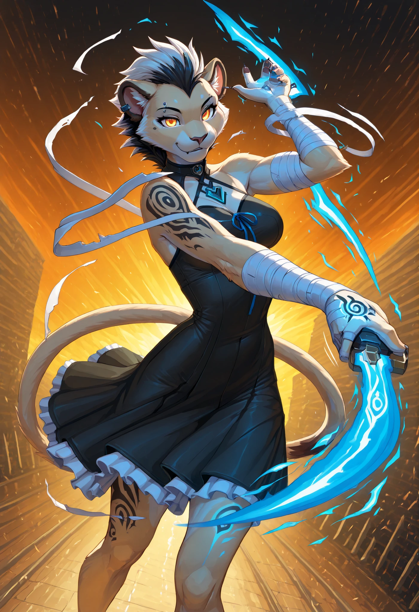 anthro , Zaffa , lioness, ((female)), Orange gradient eyes, black and white hair , white fur , fluffy fur , detailed fur , black tattoo , eyebrow piercing , ear clip , slim body, beautiful illustration,glowing, action pose, dress, dynamic pose, Dynamic action, dynamic angles, dynamic perspective, dynamic color, dynamic light, holding weapon, (moody lighting, dramatic shadows, bloom lighting, colored shadows, Ink Style, best quality, soft lines, clear details, masterpiece:1.3, 8k:1.3, Highest quality:1.3, detail:1.3, high resolution:1.3, digital painting, super detail, 1female), (cinematic, dynamic action, sci-fi fantasy), 1 female, mid 20s, athletic build, in a dynamic pose, (bandages on his arms unwinding and conducting streams of raw blue energy:1.6), (energy coalescing into a blade in his hand:1.4), focused expression, futuristic urban battlefield, (bandages glow with runic patterns as energy flows through them:1.3), motion blur, controlled chaos, energy channeling, living weapon.