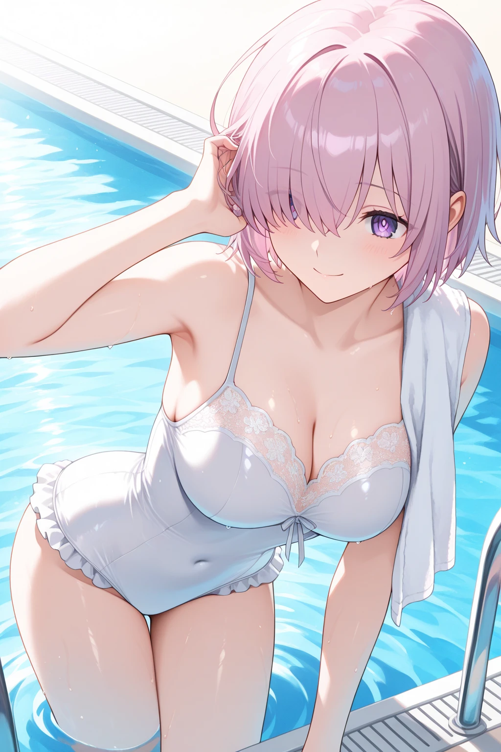 Momodeviluke, Deviluke type, demon tail, hair flower, hair ornaments, (purple eyes:1.1), pink hair, short hair, tail, smile,happy smile, smile, open your mouth,
break demon tail, green , white school swimsuit,wet hair,wet skin,barefoot,noon,Clear skies,
break ourdoors, School　pool,
break looking at viewer, (cowboy shot:1.5),
break (masterpiece:1.2), highest quality, High resolution, unity 8k wallpaper, (figure:0.8), (beautiful detailed eyes:1.6), extremely detailed face, perfect lighting, extremely detailed CG, (perfect hands, perfect ???????),