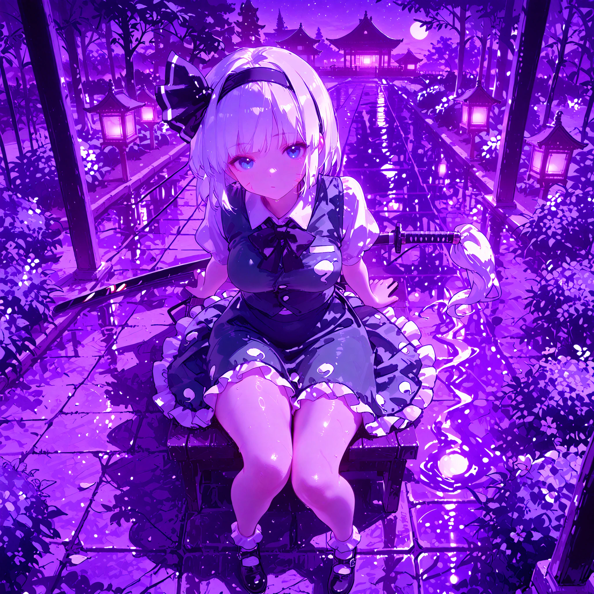 (8k), (best quality), (detailed illustration), (konpaku youmu), Realistic Shadows、colored line art、Hairstyle faithful to the original、smooth short bob、white hair、black headband、(detailed face)、(Precisely Drawn Face Parts)、blue eyes、look at viewer, above、Kyoton Face、frills付きの白いボタン付きシャツ、black ribbon tie、green vest、frills、Green Skirt、big boobs、Slightly thick legs、full body, wide view, from above, from front, Japanese Style Mansion Garden、sitting、(at night), light purple sky 、Fantastic Illustrations