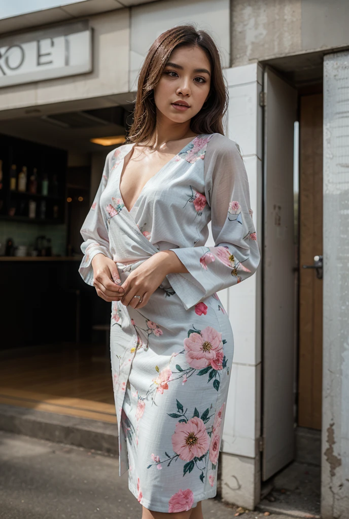 realistic, RAW photo, dslr, film grain, Fujifilm XT3, night shot, 1girl, goddess women,  (curly hair, long hair), (thigh,off shoulder:1.2), ([:see-through:4]:1.4) (red floral print hanfu:1.1), pencil skirt, black pantyhose, (deserted street:1.3), Backlit, Bokeh, Contrast Filters, (smile:0.8), looking at viewer, (china jiangnan water town style:1.1), water, wet, ,