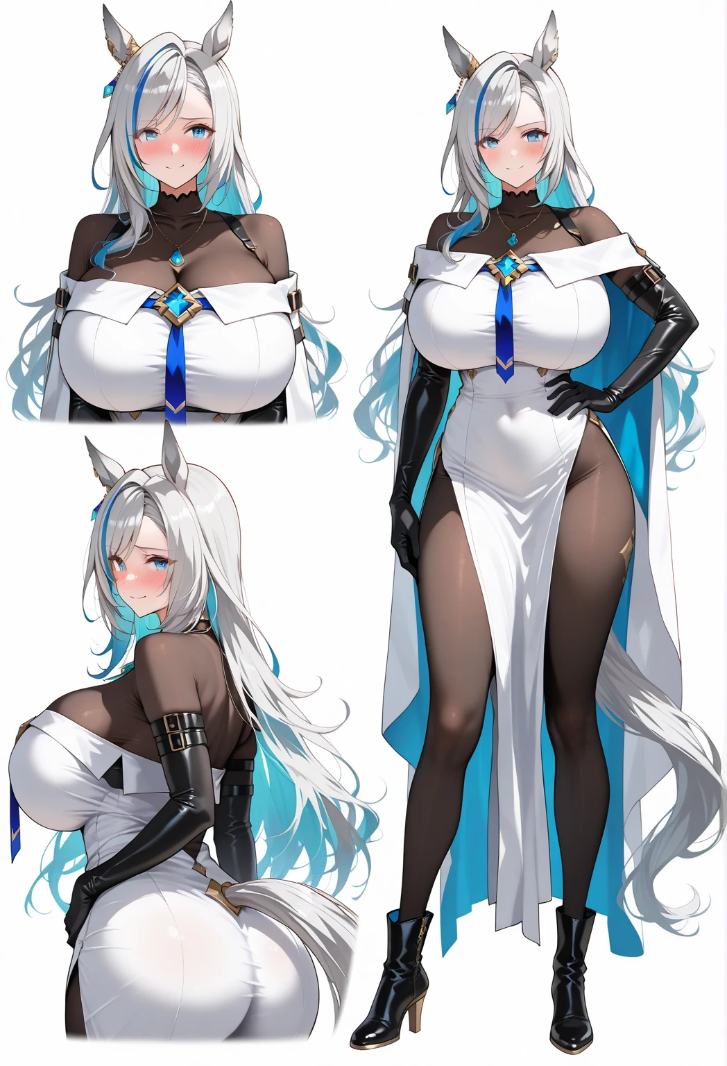 2girls, light skin, dark-skinned female, dark skin, white hair, long hair, , , wide , yellow eyes, smile, , black , neon trim, sleeveless, black pantyhose, pantyhose, futuristic, tech, science-fiction, full_body,