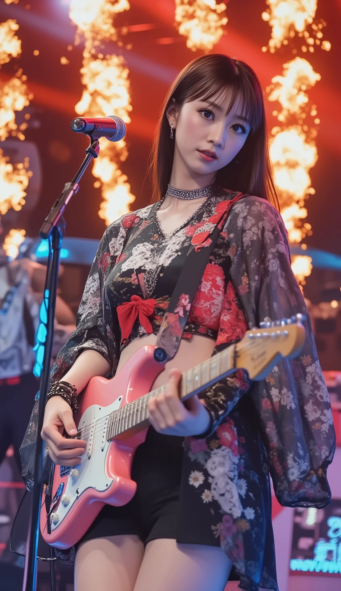 Petite Woman、 slender body、Beautifully Drawn Eyebrows 、Beautiful Deer Eyes、Incredibly Exquisite Eyes、Big Curl Rush、Beautiful Tall Nose、Sexy Thick Lips、 long brown hair、twin tails、red ribbon、black choker、 Black and Red Socks 、 Black Leather Boots、Wet white skin、(((Big boobs with cleavage visible、、、Tight Waist、big waist:1.5)))、(((Large concert venue:1.5)))、(((A woman is playing the electric guitar with all her might in front of a large audience:1.5)))、(((Women Singing in Front of a Stand Microphone:1.5)))、(((Overhead Spotlights for Women)))、(((Night concert:1.4)))、(((Big Crowds Rising、Tonight Using Spectacular Light and Water:1.5)))、(((Fountains Are Gorgeous、 exposed to light、The effect of randomly erupting fountains is gorgeous、Fireworks explode、A lot of soap bubbles are pouring down:1.5)))、(((Sweat on one hand、Shining Sweat、white running shirt、Running Shirts Illuminated Effects、Black and red skirt with detailed patterns、Miniskirt with lace、chain on the waist、The tiger skin、pink panties、black belt、Fingerless gloves )))、、、masterpiece、super high resolution、Super Resolution Synthetic Textures、Physical Rendering、High Quality、、Ultra Precise Photos 、clear focus、Physically Based Rendering、Professional