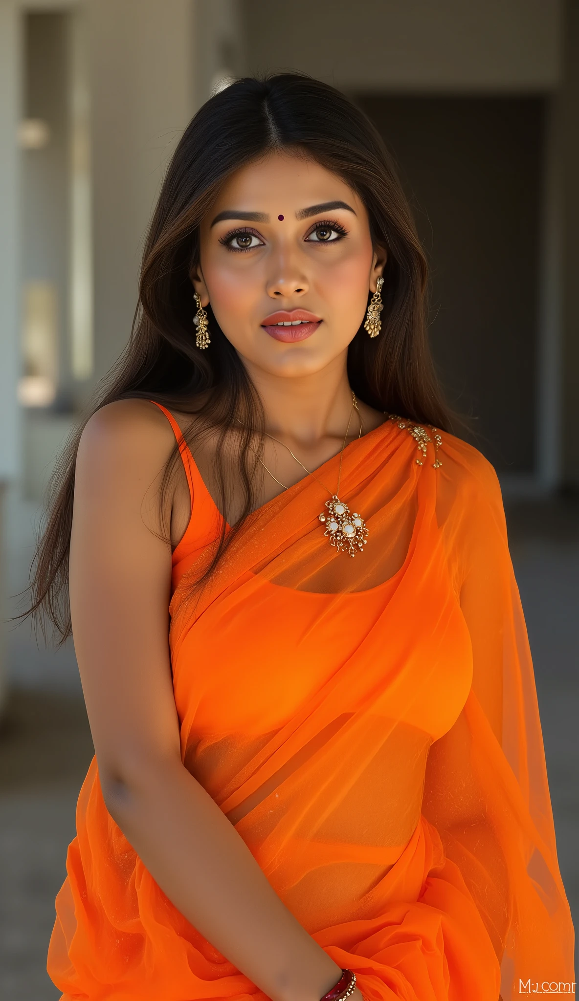 Full body photo portrait of beautiful indian lady in her 30s, looking at viewer, wearing transparent Orange saree and orange sleeveless blouse, modern jewellery, (realistic eyes, symmetric face:0.8) (masterpiece:1.2) (photorealistic:1.2) (bokeh) (best quality) (detailed skin) (intricate) (8k) (HDR) (cinematic lighting) (sharp focus)