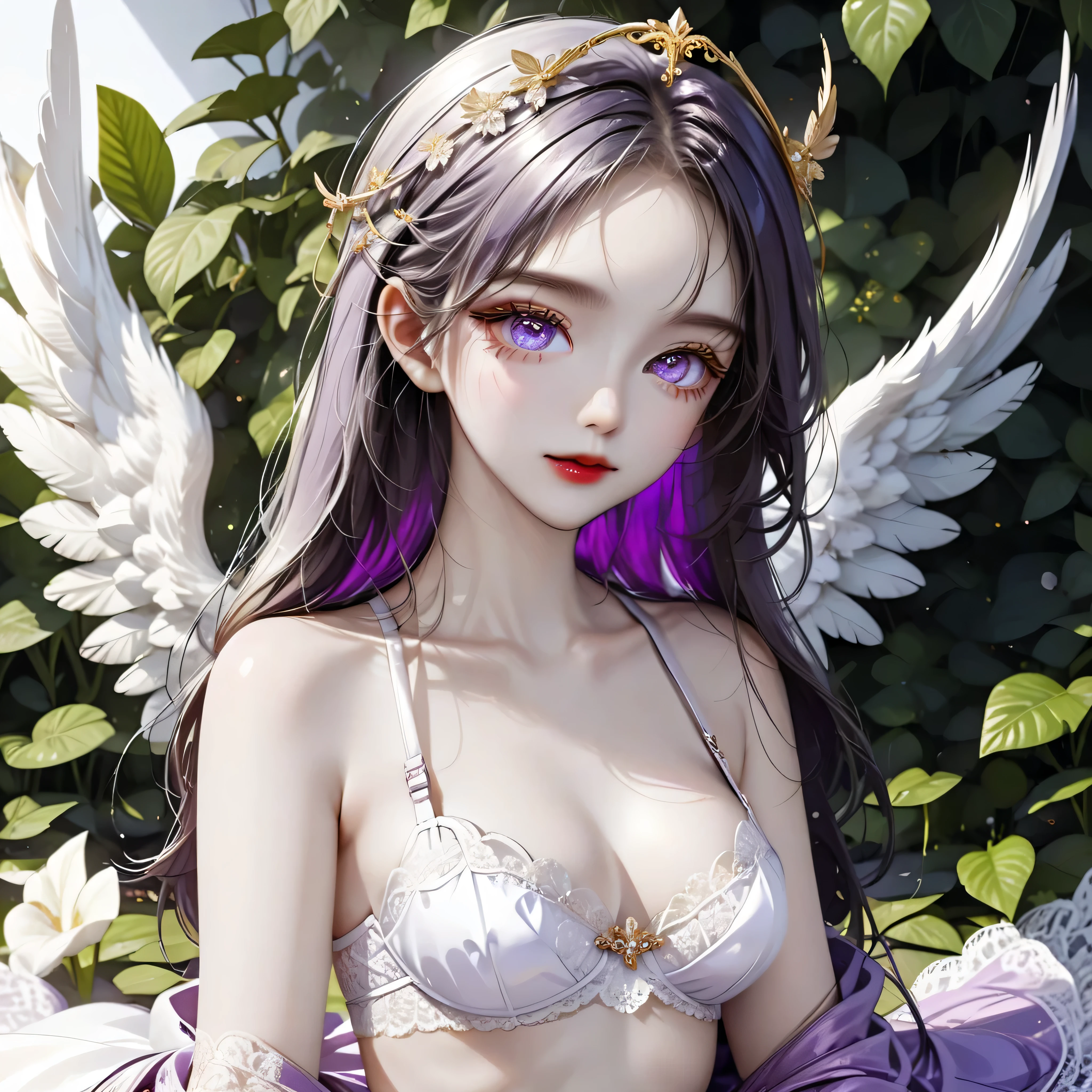 ((Top quality, 8K, best quality, masterpiece, ultra realistic)), ((Beautiful angel with odd eyes)), ((Heterochromia, golden eyes, silver eyes)), ((Sparkling and detailed eyes)), (Very precise eyes), (Long hair with a mixture of platinum and purple), Princess cut, ((Translucent and shining white skin)), Shiny skin, Very white skin, ((Very small breasts)), ((Beautiful woman wearing a lacy purple quarter cup bra with a clearly visible intricate lace pattern)), ((Crimson wrap (wearing a skirt), ((a beautiful flower garden), ((lime green quarter cup bra)), ((sitting with her legs stretched out, with wings on either side of her back)), ((anatomically accurate depiction)), ((the exact number of fingers, detailed depiction down to the tips of the fingers)), gaze, ((angel wings)),blushing face, ((the surroundings are sparkling)), smile, very beautiful, fantasy world, very beautiful eyes
