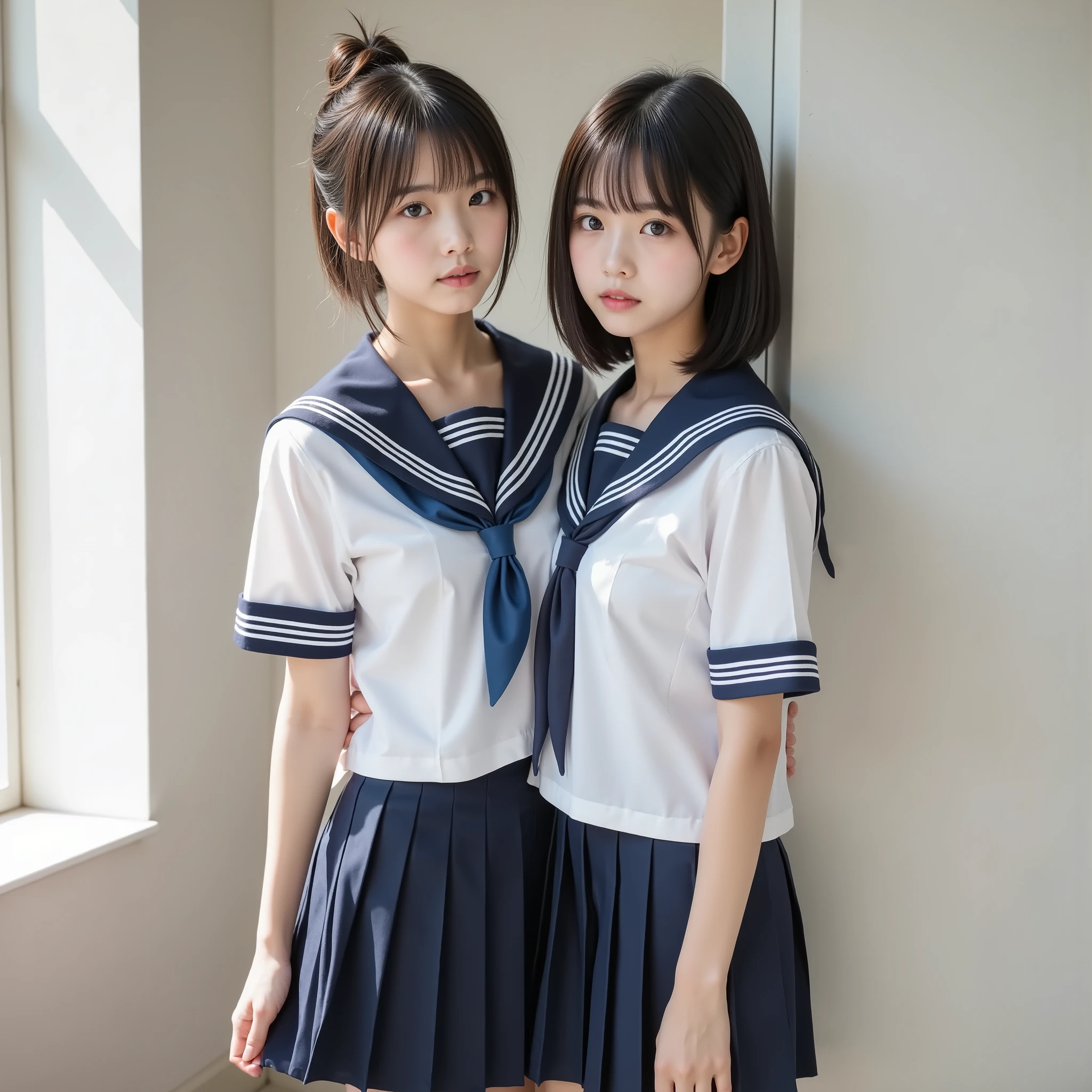 {{2girls,dark haired、Blonde}},photorealistic portrait of a Japanese high school student wearing a sailor, sailor,, cherry tree, Soft sunlight, shallow depth of field, Realistic Skin Texture, dslr style, full body, staring at the camera(Realistic, photo-Realistic:1.4), ( Highest Quality, masterpiece :1.2), Original photo , high image quality , complicated details, very detailed, vivid focus , cinematic lighting that emits light from the body、Same height , ( very detailedなクリアフォーカス:1.5), BREAK, (full body, front map:1.5), ( and a beautiful Japanese beauty idol with super attention to detail:1.7), ( A couple of lilies , girls who ripped their clothes, tall girl and short girl :1.6), Two Japanese female idols leaning against the wall giving their husbands a kiss, ( Couple hugging each other tightly 、Kiss me gently :1.5), ( leaning against a wall outside the classroom , Xiaoyan, thin, Slim, Slender, thin legs, (Bare feet, thighs, sailor suit next to the eye, uniform:1.4), dark haired, ( completely finished, detailed face , beautiful detailed eyes , sophisticated nose ), white skin,
Photo Backgrounds , indoor, hallway,