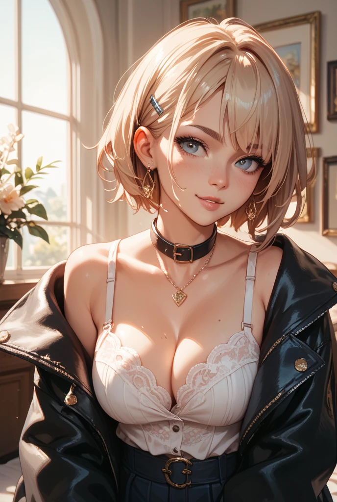 ((highest quality, 8K, masterpiece: 1.8)), sharp focus: 1.2, beautiful woman with perfect figure: 1.4, thin abs: 1.2, (((layer cut, big: 1.2)), wet body: 1.5, Highly detailed face and skin texture, fine eyes, double eyelid, very short hair, , slave, black corset, bondage, collar, restrained,from below,despise,panties,tie one's arms with hemp rope,