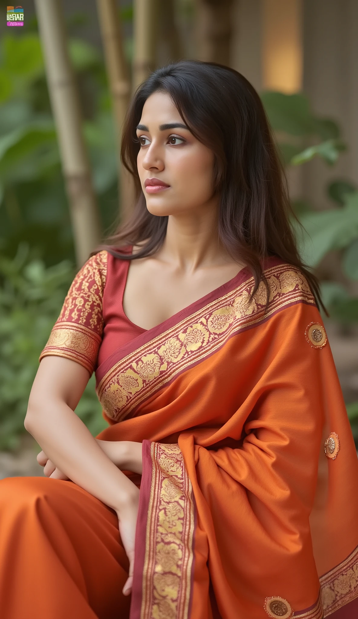 A kerala house wife  in  beautiful and conservative embroidary  saree and satin  blouse, as a model for an ad shoot, sitting and streching pose, outdoor