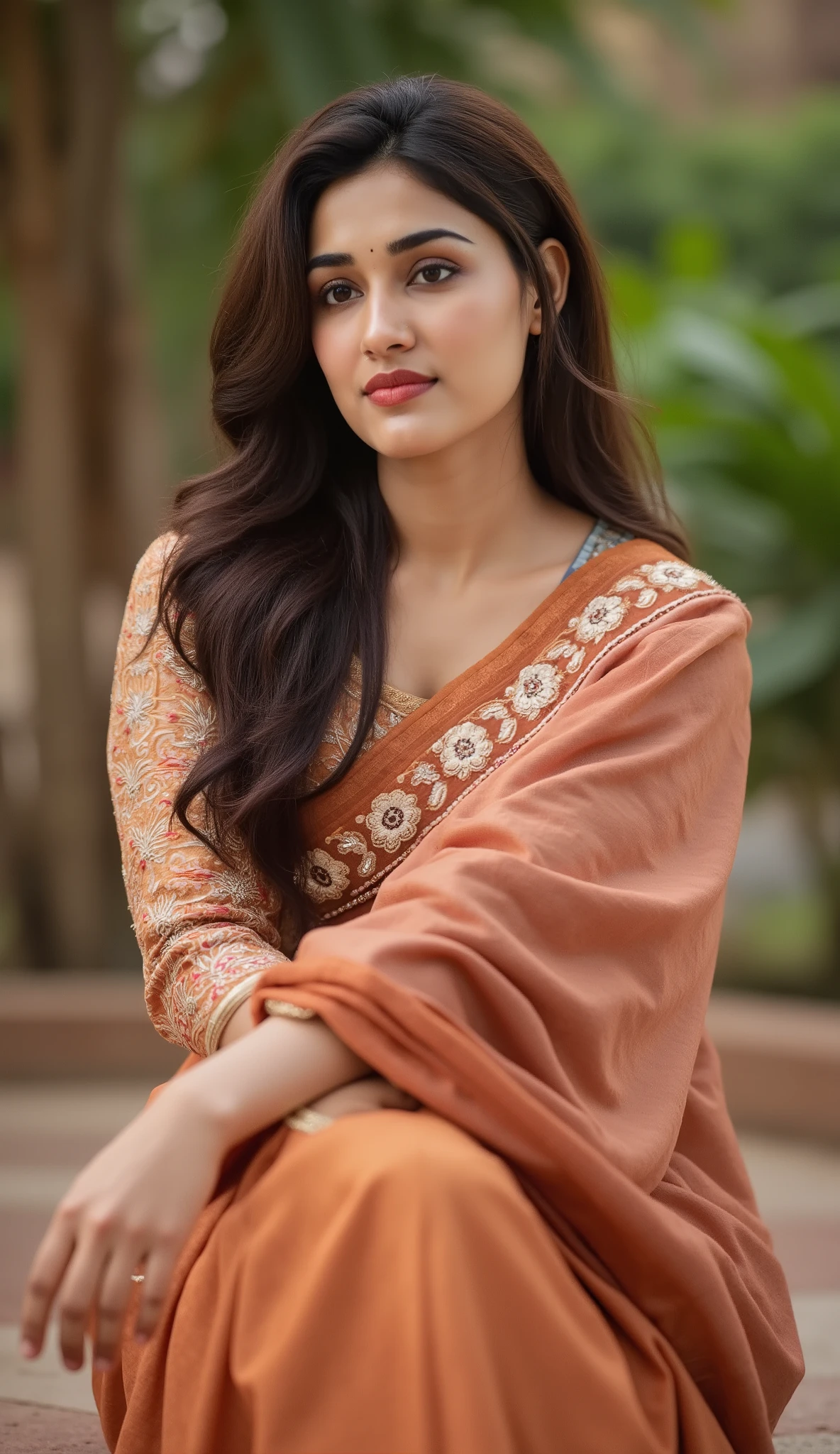 A kerala house wife in beautiful and conservative embroidary saree and satin blouse, as a model for an ad shoot, sitting and streching pose, outdoor