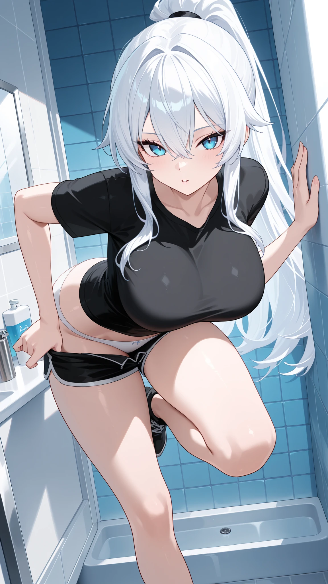 (( close、16k、highest quality、Attention to detail、Rich skin detail, nsfw、Loli)),(((((Brown Skin)))))、(Muscular)、 (Beautiful Eyes), ((Swollen nipples、Huge breasts、Hands behind head、Both armpits、Crouching、Steam from armpits))、 ((、White Shirt、Shirt lift、Sweat))、(Blue Eyes)、((White Hair、Blunt Bangs、long hair、Straight Hair、Ahoge)),  ((blush))、(Wide Hips、Thick thighs)、((((Embarrassing、smile))))、((locker room))