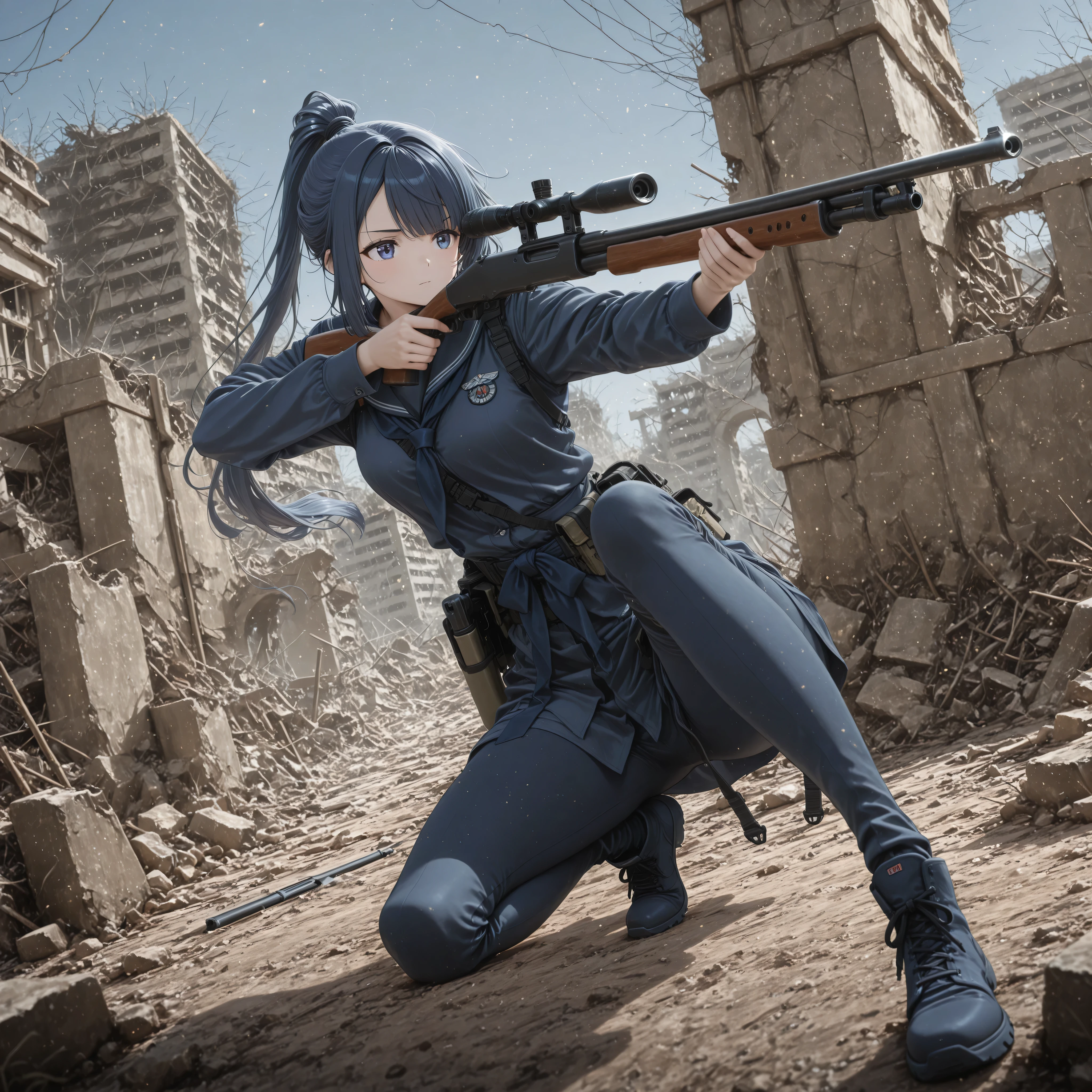 1girl, solo, Navy blue high knot ponytail , Side sweep bangs, look away, Aim for the bottom ,  5n1p3r _ cr4dl3 , thumb rifle, rifle with arm,  Hand above the knee , has a rifle, shotgun, raise one leg, feet on the floor, Kneel,  Dynamic Poses, ruins, wide angle shot, Suppressor,   shotgun, Remington 870,
QQQQQ