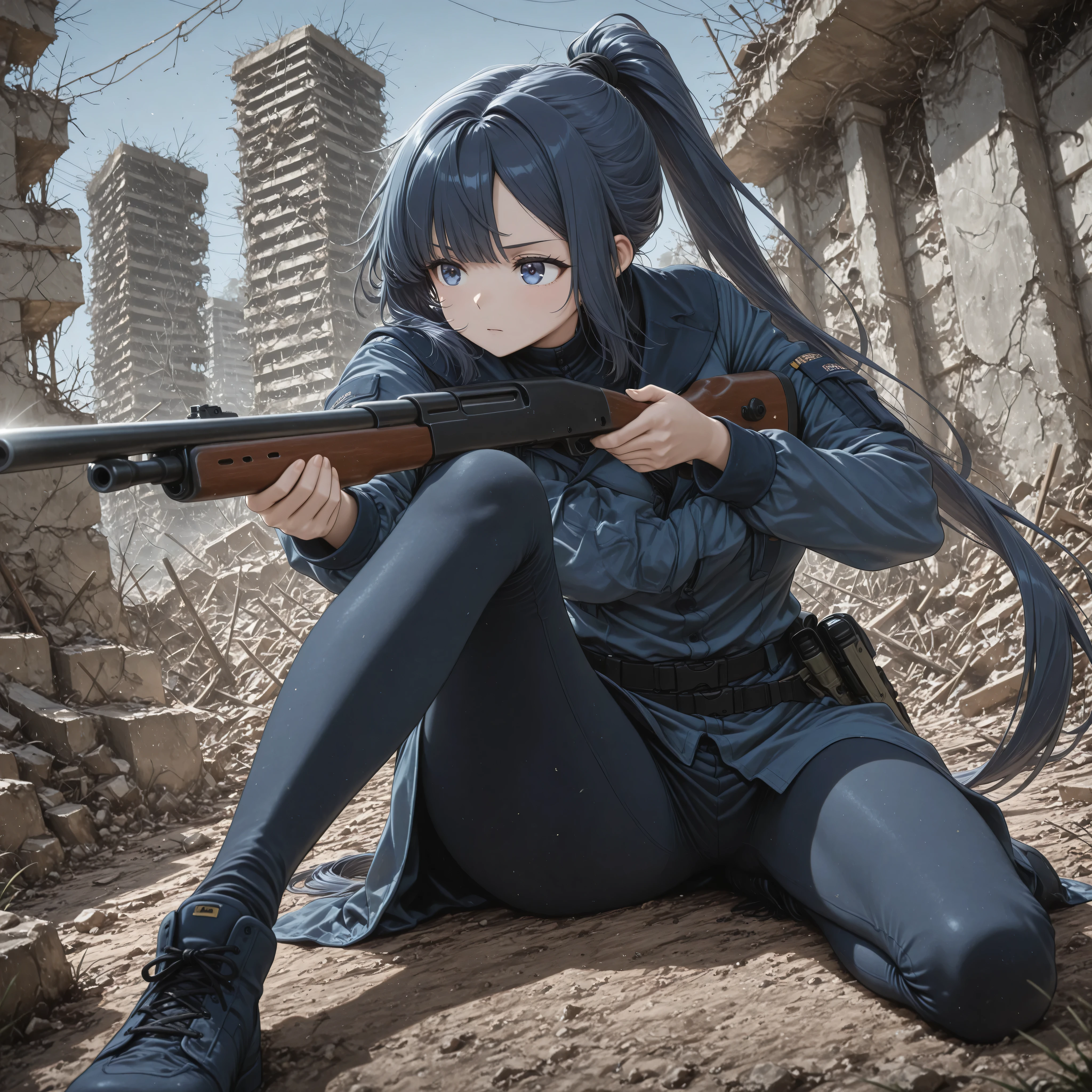 1girl, solo, Navy blue high knot ponytail , Side sweep bangs, look away, Aim for the bottom ,  5n1p3r _ cr4dl3 , thumb rifle, rifle with arm,  Hand above the knee , has a rifle, shotgun, raise one leg, feet on the floor, Kneel,  Dynamic Poses, ruins, wide angle shot, Suppressor,   shotgun, Remington 870,
QQQQQ