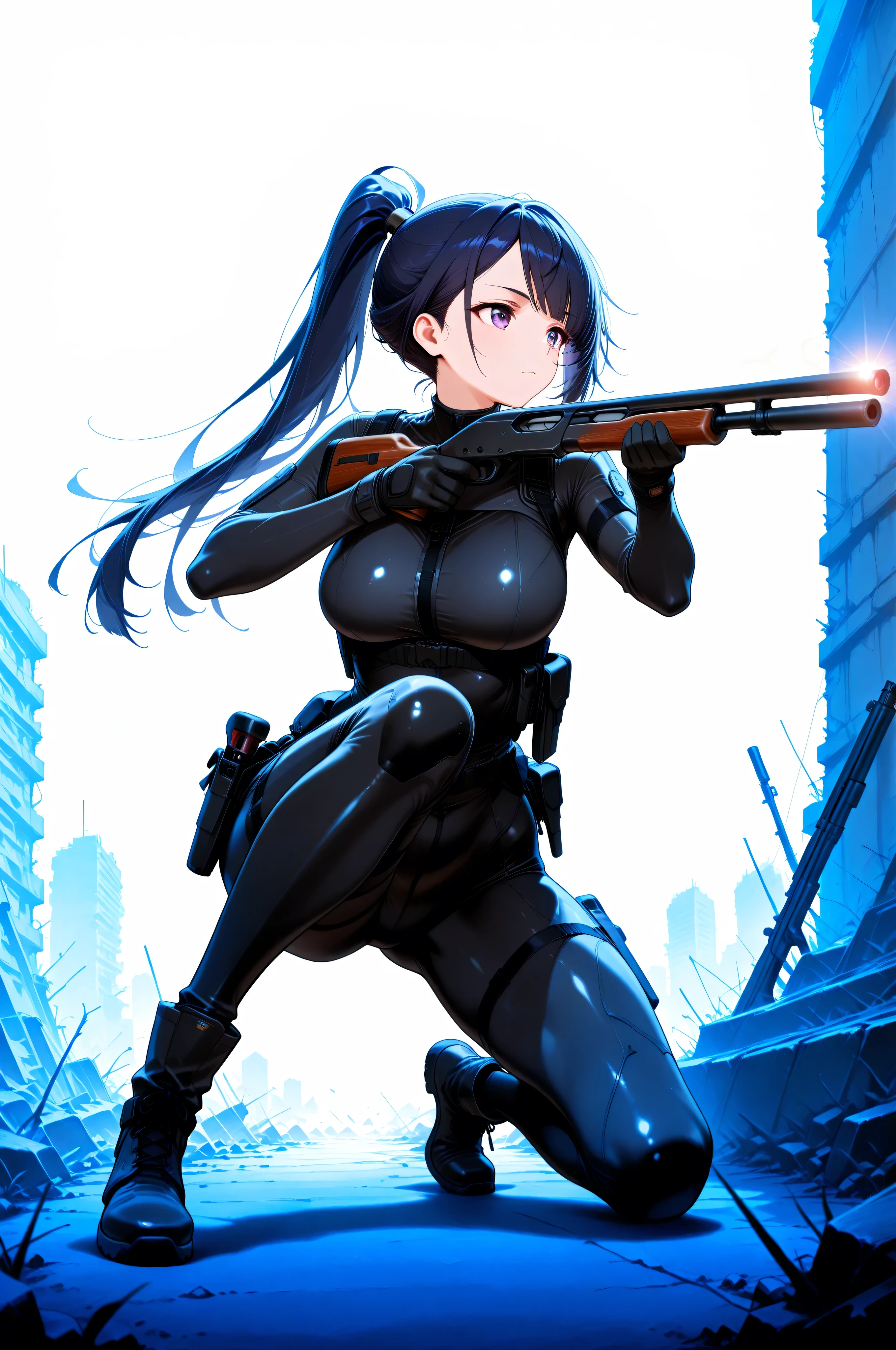 masterpiece,Highest Quality,Highest Quality,Very Detailed,8K,Wallpaper, A Japanese woman ,small face,, a very fitted black enamel shiny tactical bodysuit that covers the whole body,Tactical Headset,Tactical Holster,Tactical Gloves, long boots, , Navy blue high knot ponytail , Side sweep bangs, look away, Aim for the bottom ,  5n1p3r _ cr4dl3 , thumb rifle, rifle with arm,  Hand above the knee , has a rifle, shotgun, raise one leg, feet on the floor, Kneel,  Dynamic Poses, ruins, wide angle shot, Suppressor,   shotgun, Remington 870,