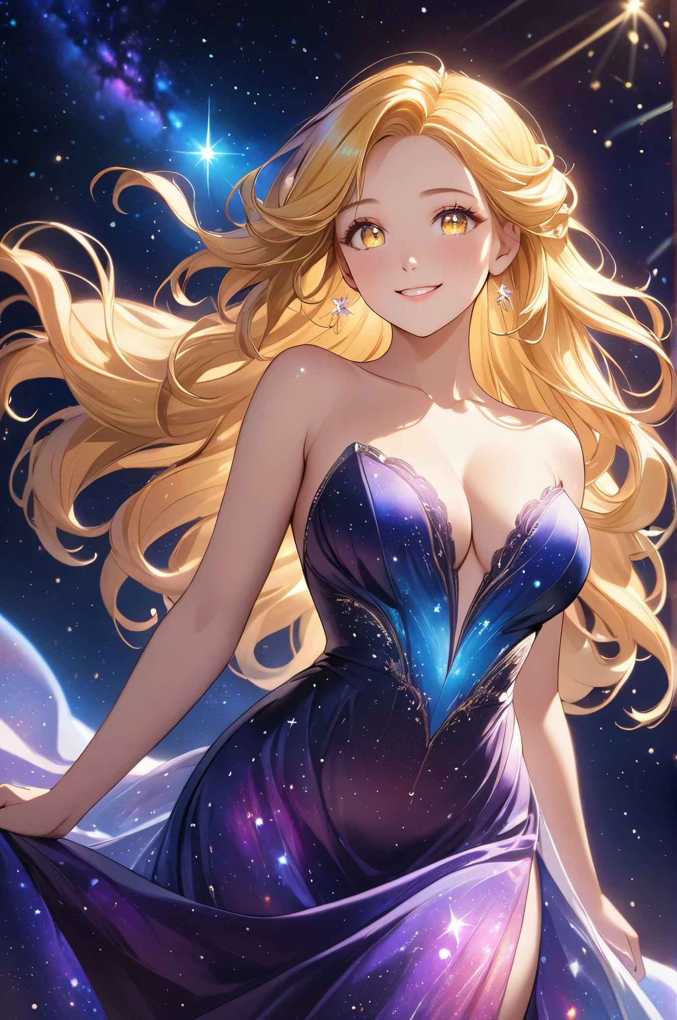 (High quality, High resolution, Fine details), galaxy inspired dress, shimmers starlight, cosmic colors, gown flows like the night sky, glowing nebula patterns, stands gracefully in a softly illuminated space, floating particles of light resemble tiny stars, solo, curvy adult women, Shimmering yellow hair, sparkling eyes, (Detailed eyes:1.2), smile, blush, Oily skin, Soft tones, shallow depth of field