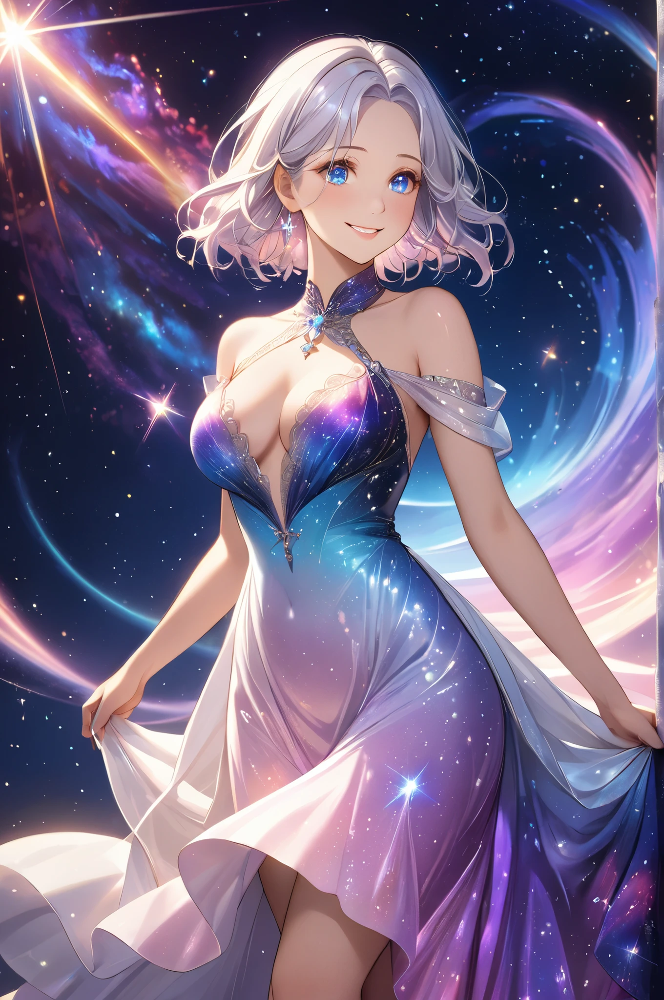 (High quality, High resolution, Fine details), galaxy inspired dress, shimmers starlight, cosmic colors, gown flows like the night sky, glowing nebula patterns, stands gracefully in a softly illuminated space, floating particles of light resemble tiny stars, solo, curvy adult women, Shimmering silver hair, sparkling eyes, (Detailed eyes:1.2), smile, blush, Oily skin, Soft tones, shallow depth of field