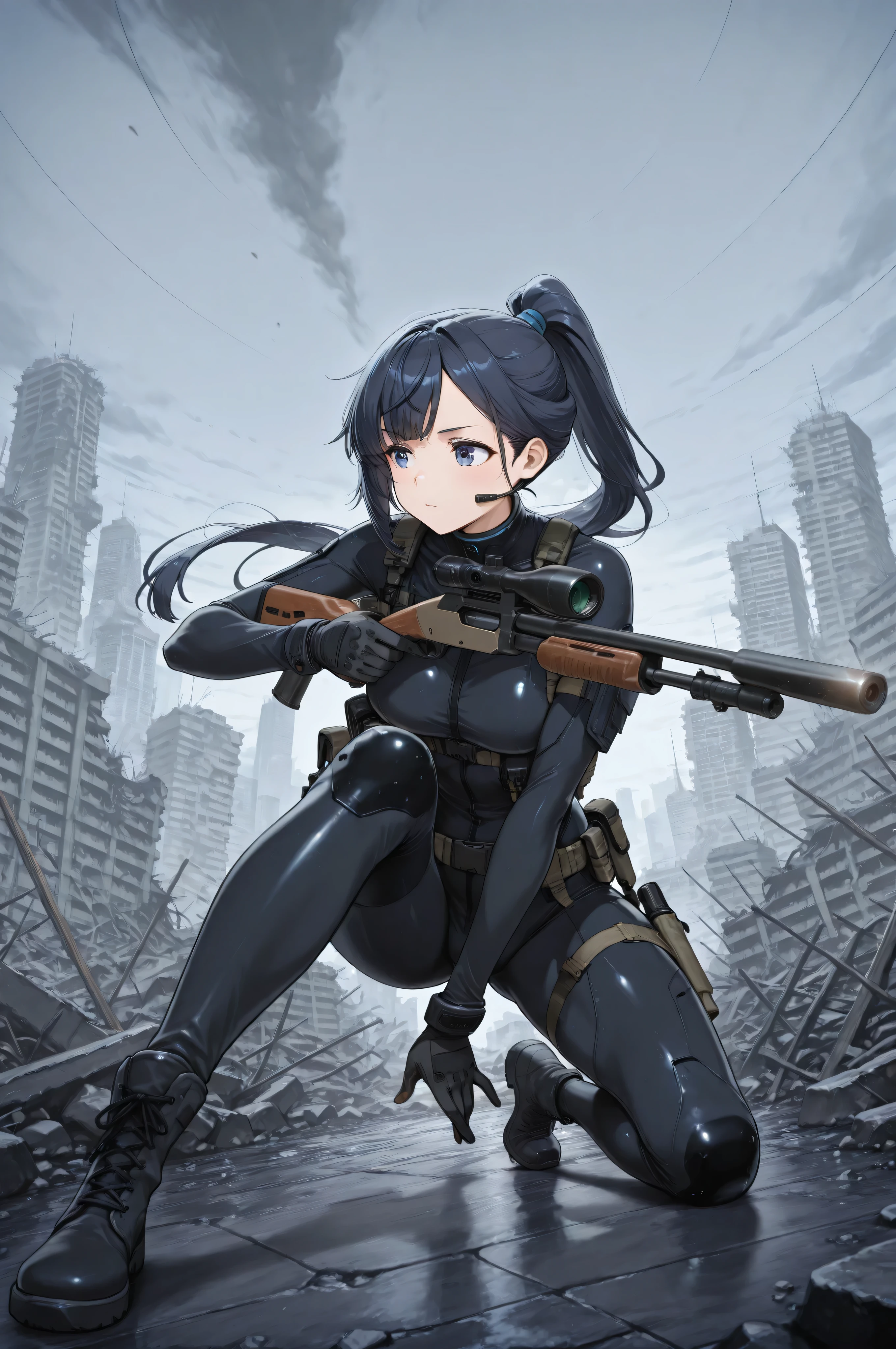 masterpiece,Highest Quality,Highest Quality,Very Detailed,8K,Wallpaper, A Japanese woman ,small face,, a very fitted black enamel shiny tactical bodysuit that covers the whole body,Tactical Headset,Tactical Holster,Tactical Gloves, long boots, , Navy blue high knot ponytail , Side sweep bangs, look away, Aim for the bottom ,  5n1p3r _ cr4dl3 , thumb rifle, rifle with arm,  Hand above the knee , has a rifle, shotgun, raise one leg, feet on the floor, Kneel,  Dynamic Poses, ruins, wide angle shot, Suppressor,   shotgun, Remington 870,