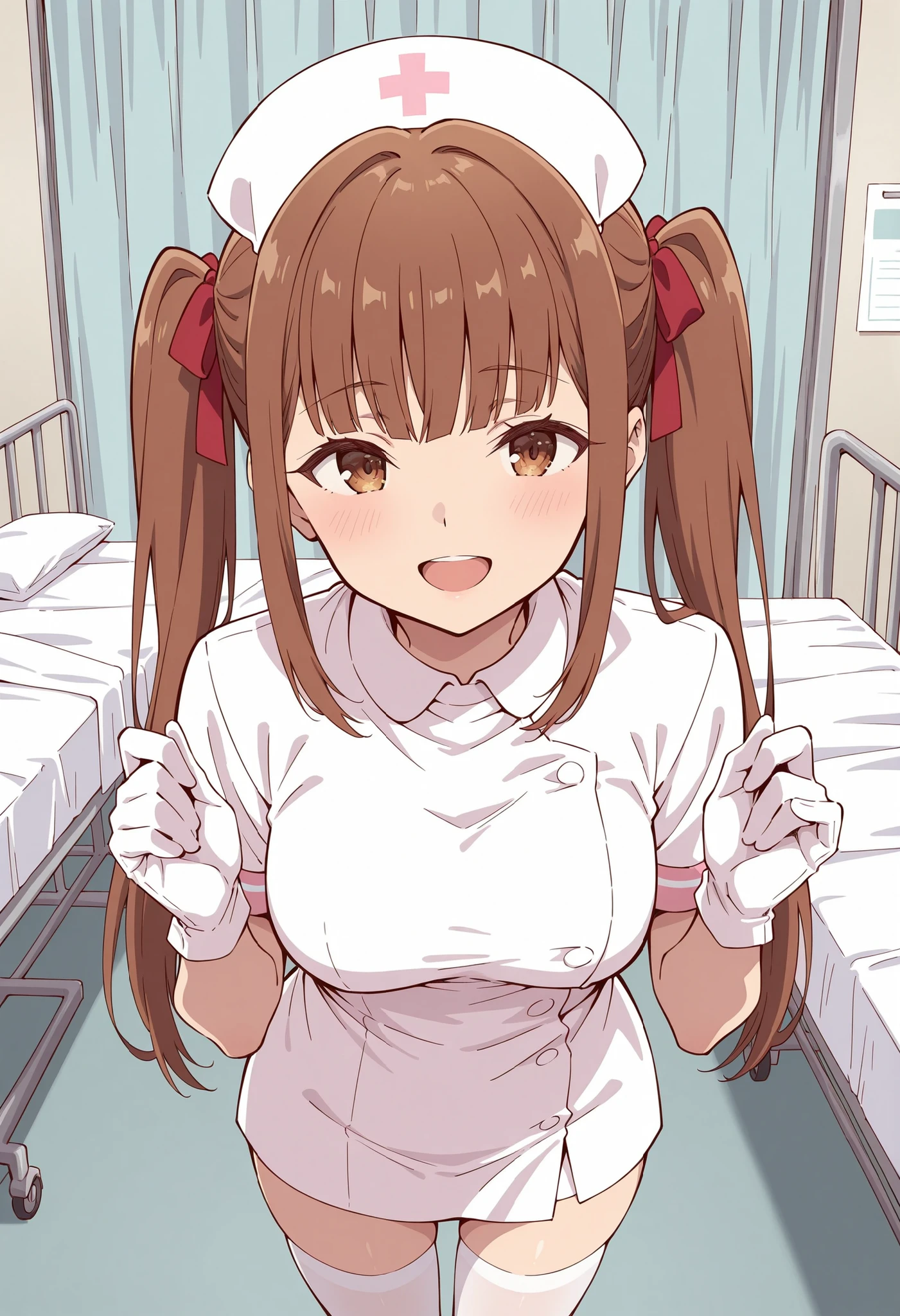 Score_9, score_8_up, score_7_up, source_anime, lyra (girumasu), solo, brown hair, twintails, hair ribbon, blunt bangs, sidelocks, brown eyes, (green eyes:0.8), (best quality), (high quality), {masterpiece}, extremely delicate and beautiful, ultra-detailed, beautiful detailed eyes, nurse, nurse hat, ((white nurse's outfit)), white gloves, white thighhighs, hospital room, smile, open mouth, standing