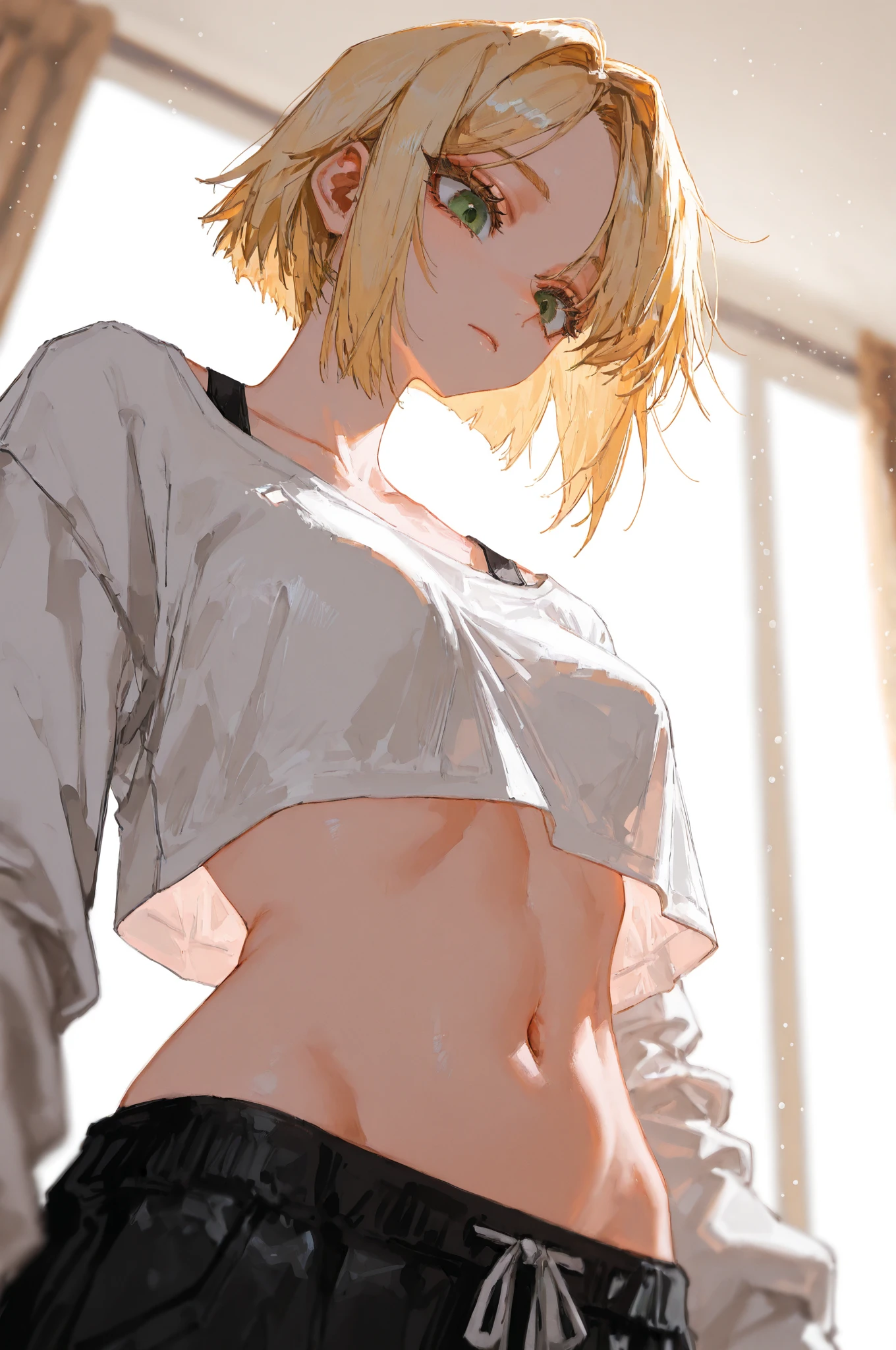 、(masterpiece、Highest quality)、Highest quality, Ultra-high resolution, (((masterpiece))), alone, Sweat、Big eyes, Composition from the front、Shortcuts、Embarrassed face、Blonde Hair、Cut your hair short、School classroom、Sailor suit、skirt、short hair、Browsing Caution、Upper body 、Breasts 、、Large 、Sitting in a chair without a backrest、Internal Medicine Examination、Woman showing her body、belly button、真Composition from the front、School Insurance Office、curtain、cubicle、window、door、Fluorescent lamp