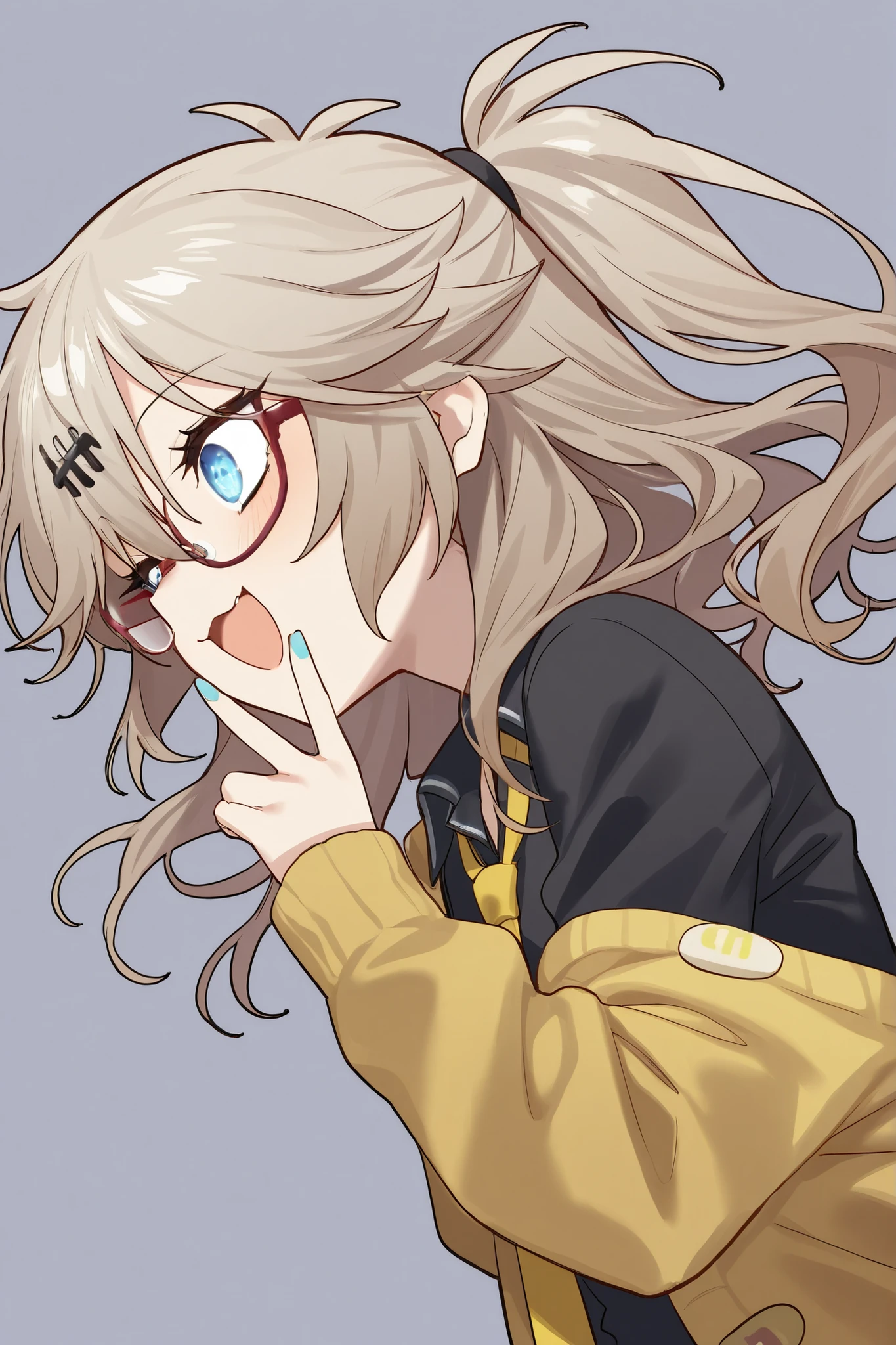 one girl ,kasukabe tsumugi , gray background, Upper body, smile, energetic expression, open mouth, wearing glasses , black school uniform, yellow cardigan,  yellow tie 