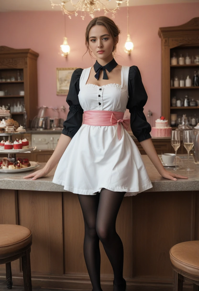 (1 lady), The beautiful, (Best quality at best:1.4), (ultra - detailed), (extremely detailed CG unified 16k), gold blonde hair, very detailed, High-definition RAW color photo, professional photoshooting, amazing face and eyes, cosmetics, (amazingly beautiful girl), ((lambdadelta)), ((dress, shoes bow, red shoes, striped stockings, red bow, pink hat, necklace, gloves, pearl, pumpkin brooch, pink dress)), standing, sexyposture,(Dark and stylish bar, drinks, lamp lights, lamp lights:1.3), (look from down), realistic cinematic face, head to feet long wide zoomed out view, full body long view, photorealistic, ((realistic natural blonde hair style, honey eyes)), gorgeous, extremely beautiful face, perfect model beauty, pout mouth, smile, cleavages, city girl, western, shopping in the city, (masterpiece), best quality, high resolution, extremely detailed, blurred background, depth of field, cinematic lighting, amazing legs, high heels, clear and well-cared skin, , nice ,