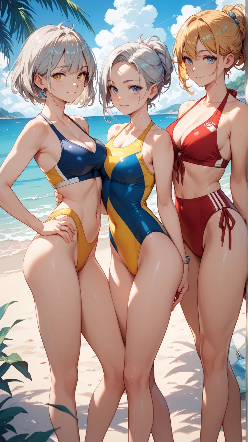 ????, (4+girls:1.5), (alternate athlete swimsuit pool), tanned skin, dark tanned skin, oil, abs:1.5, line up, girls playing beach volley, ball of beach volley, net, masterpiece, top quality, ultra high definition, highest resolution, very detailed, perfect face, professional lighting, clean skin, CG illustration, slender, very cute, young face, cleavage, lower ??????, wet body, (??????? out:1.4), different hair colors, short hair, pixie haircut, semi-long hair, different hair cuts, hair ribbon, blush, navel, from below, wet body, (??????? out: 1.4), (plastic bag 1.2), transparent swimsuit, beach, sand, water, (wind: 1.3), girls playing behind, showing ???, black necklace choker