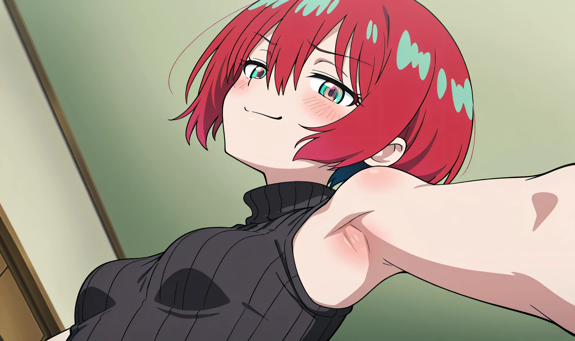 masterpiece, best quality, amazing quality, anime screencap, anime coloring, 1girl, solo, amate yuzuriha, short hair, red hair, aqua eyes, multicolored eyes, small breasts, black sweater, sleeveless sweater, ribbed sweater, turtleneck, skindentation, armpit, armpit focus, head towards viewer, looking at viewer, smile, smug, half-closed eyes, blush, closed mouth, indoors, from side, from below