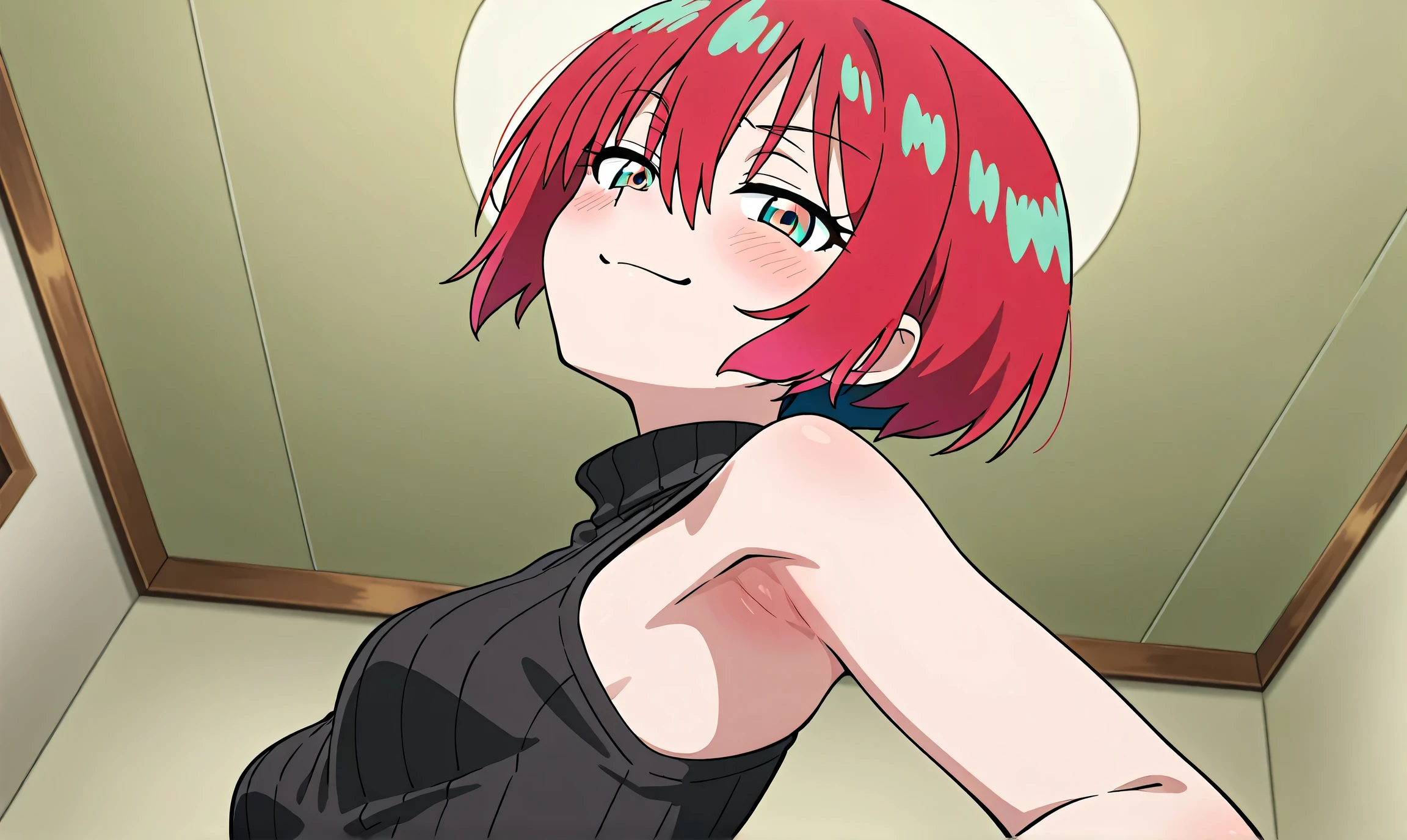 masterpiece, best quality, amazing quality, anime screencap, anime coloring, 1girl, solo, amate yuzuriha, short hair, red hair, aqua eyes, multicolored eyes, small breasts, black sweater, sleeveless sweater, ribbed sweater, turtleneck, skindentation, armpit, armpit focus, head towards viewer, looking at viewer, smile, smug, half-closed eyes, blush, closed mouth, indoors, from side, from below