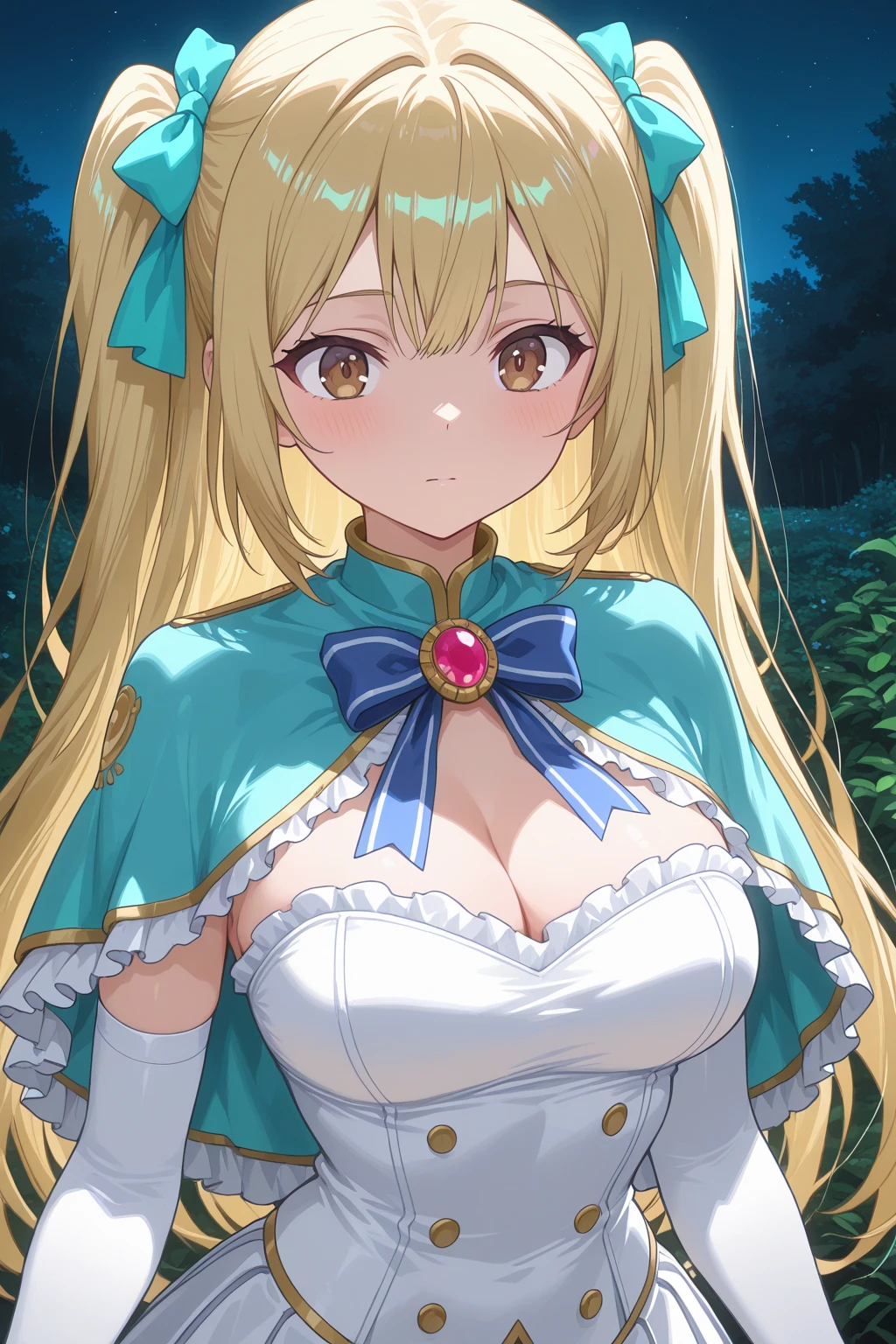 (8k, RAW photo, best quality, masterpiece:1.2), 1girl,solo, curvy, blonde hair, blue eyes, blush, smile, , cleavage, long hair, looking at viewer, white pantyhose, green and white dress, white gloves, (vert_/neptune series/:1.1)