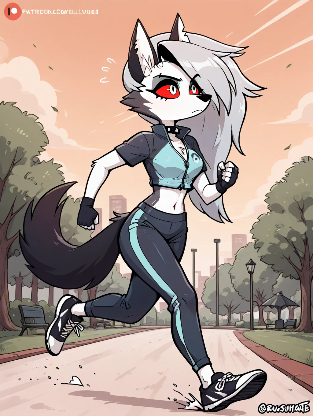 Masterpiece, high quality, studio quality, intricate details, 4k, 1girl, Whisper the Wolf,  midriff, eyes closed, ,sports , jiggling , daytime, jogging, ((best quality)), ((masterpiece)), (detailed)
