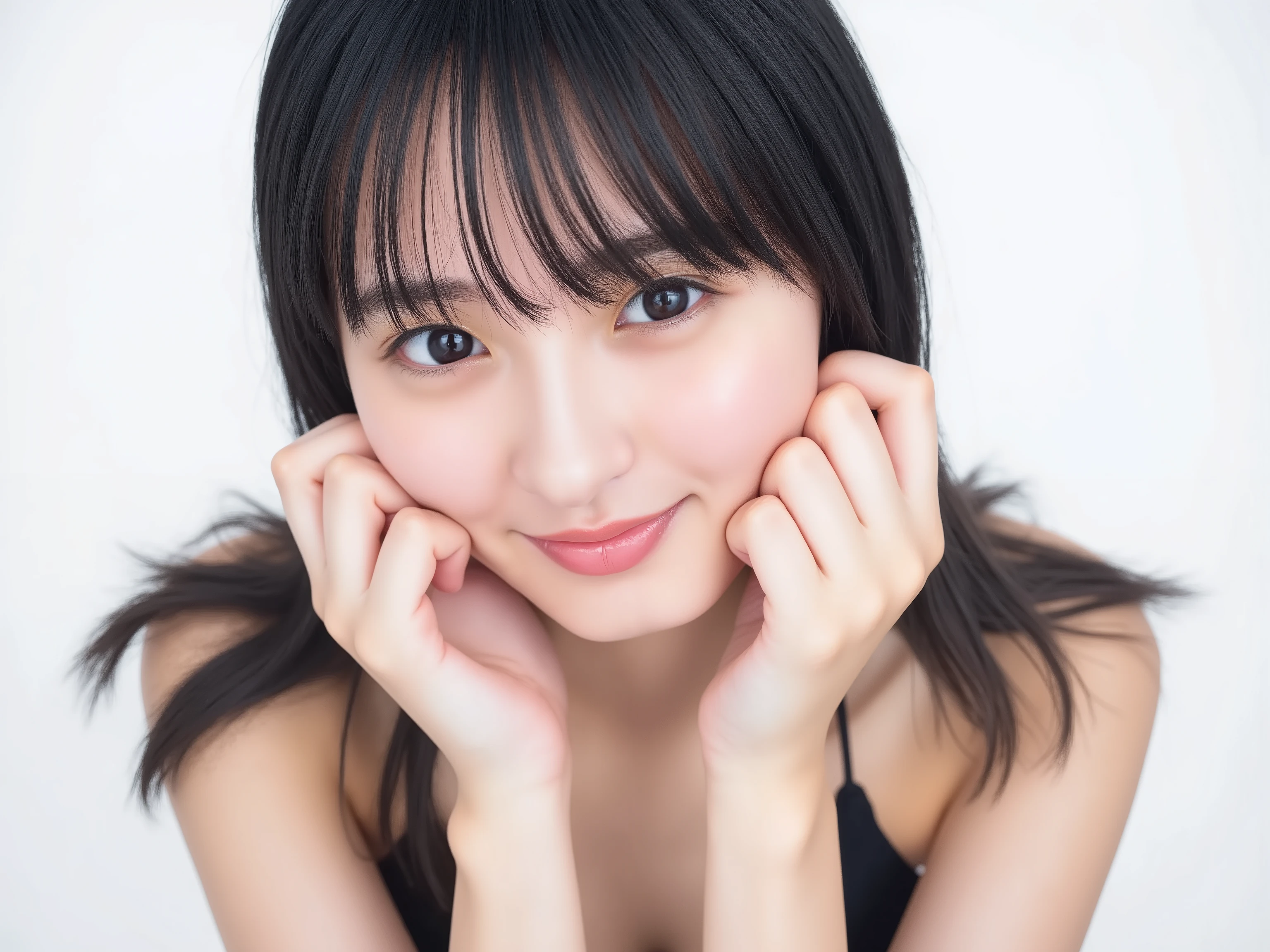(Refined from an old photo, recreated in a modern, ultra high-quality photorealistic style, with a trendy Reiwa-era hairstyle: soft semi-long hair with natural waves and airy see-through bangs),
Ultra photorealistic close-up portrait of a beautiful Japanese woman,
upper-body shot, wearing a black outfit (completely out of frame, not visible),
shoulders and collarbone softly exposed,
both hands pressing her cheeks in a shy, lovestruck pose,
sparkling eyes gazing dreamily at the viewer with overwhelming affection,
cheeks blushing deeply with a sweet reddish glow,
soft glossy lips curved into a bright, full, lovestruck smile,
expression melting with love, playful, dreamy, adorably bashful,
purely cute and lovestruck, overflowing with affection and warmth,
realistic skin with detailed pores, subtle freckles, natural uneven tones,
tiny imperfections for realism, soft peach fuzz visible,
hair rendered with individual strands, slightly messy flow, natural matte shine,
soft diffused cinematic lighting, natural depth,
background pure white with gentle blur,
(masterpiece, best quality, high resolution, intimate romantic close-up, cinematic magazine cover style)