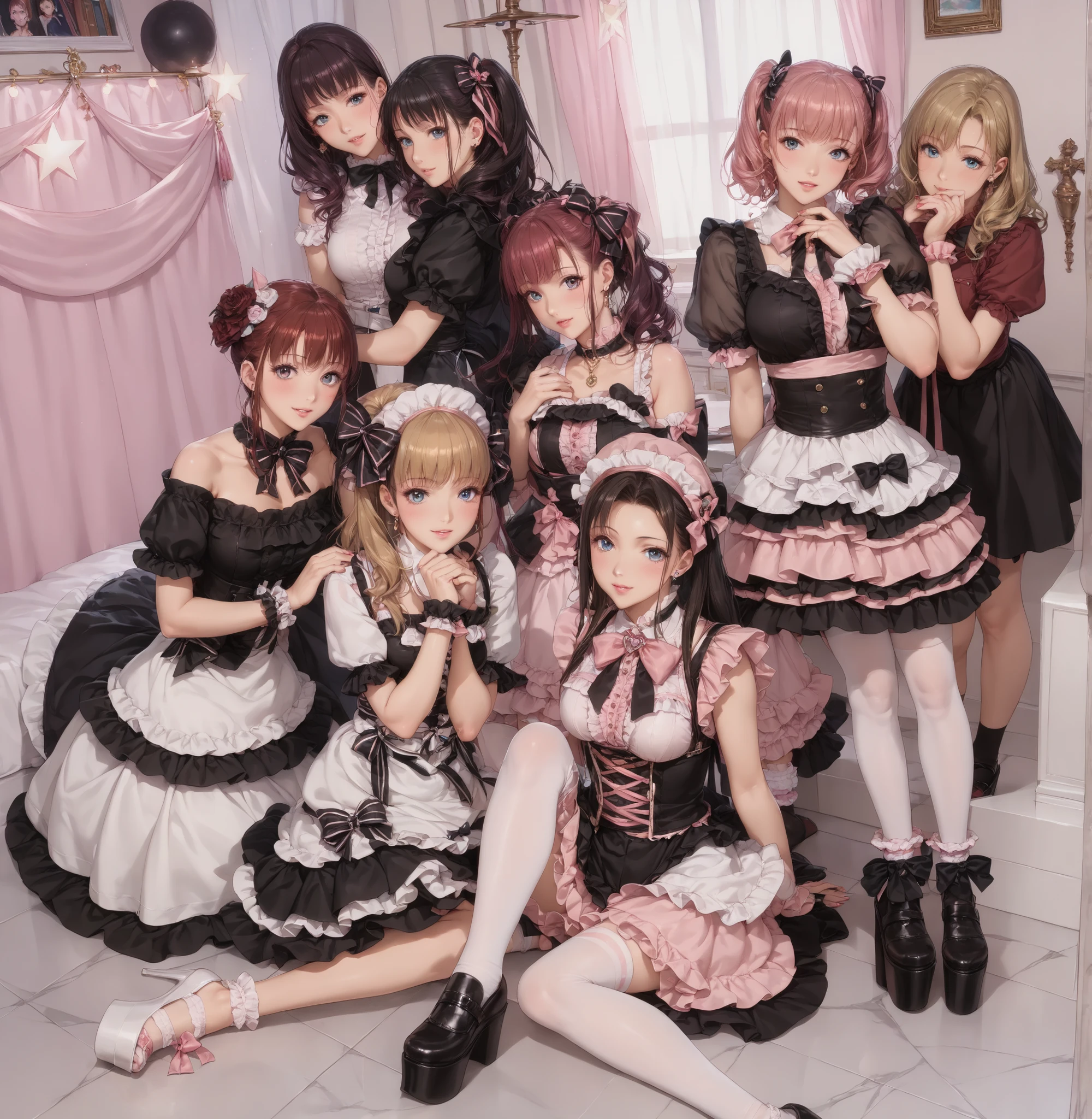 ((inspired by )),((inspired by Animation Style:1.5)),(masterpiece, best quality),beautiful, beautiful-woman, ((detailed face)).(full body:1.3)., 
, 
,

((The woman is wearing  jirai-kei fashion)),pink frilled shirt with short puff sleeves, black neck ribbon,and high waist skirt with black frilled see-through knee-highs-socks ,(platform footwear). ,jirai kei,twin-tail, ((frilled see-through socks:1.2)),

background is hotel.
