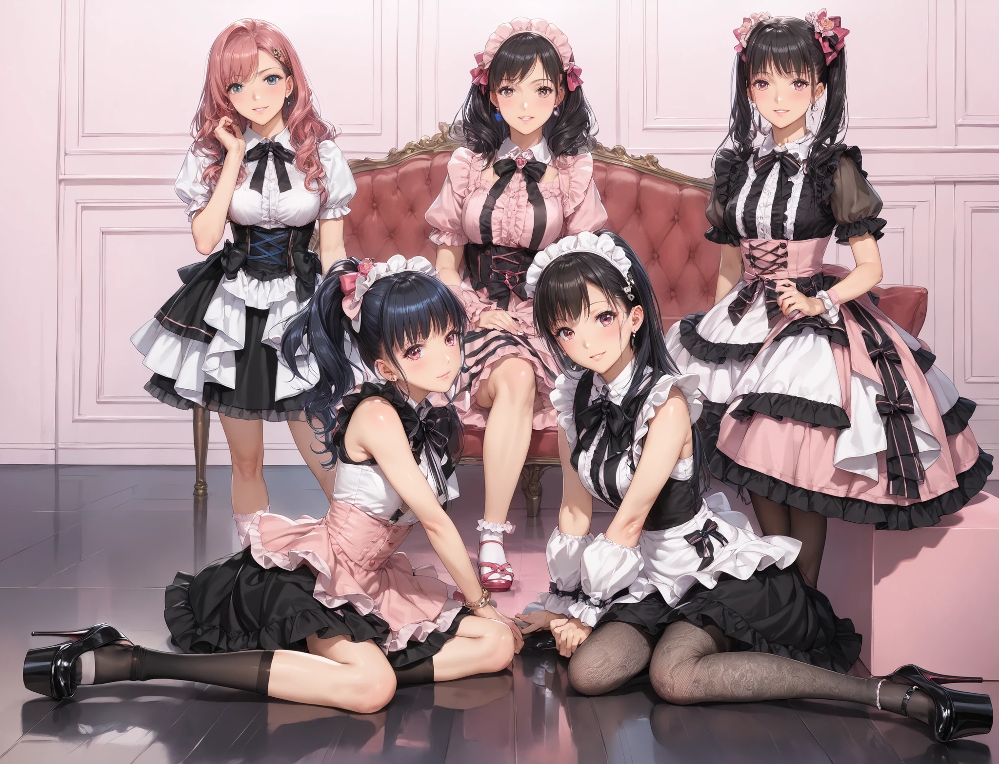 ((inspired by )),((inspired by Animation Style:1.5)),(masterpiece, best quality),beautiful, beautiful-woman, ((detailed face)).(full body:1.3).,
,
,
((The woman is wearing jirai-kei fashion)),pink frilled shirt with short puff sleeves, black neck ribbon,and high waist skirt with black frilled see-through knee-highs-socks ,(platform footwear). ,jirai kei,twin-tail, ((frilled see-through socks:1.2)),
background is hotel.