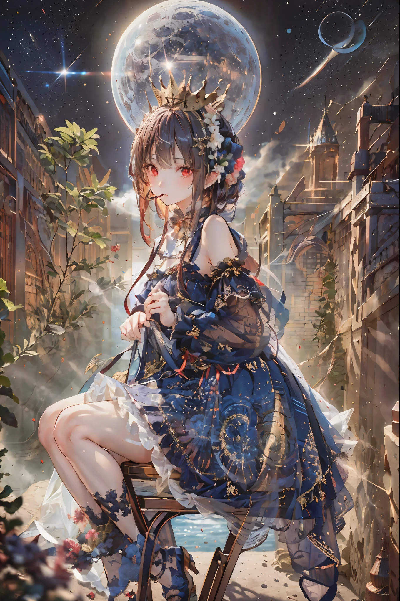 (((red eyes)))、(((Gold crown)))、A bewitching crimson eyed fairy with high quality red eyes and a sad expression、Sitting on a splendid chair in an abandoned castle、It looks like they are crossing their legs。luxurious crown，darkness and moonlight shining in the background、there are multiple old portraits hanging that make you feel the passage of time。meteor、空から降り注ぐmeteor、無数のmeteor群、the color of determination floats in her mouth、a small flame shines thinly。detailed 4K rendering,Ultra High Definition,Photographic Realism,professional,Extremely colorful,bokeh