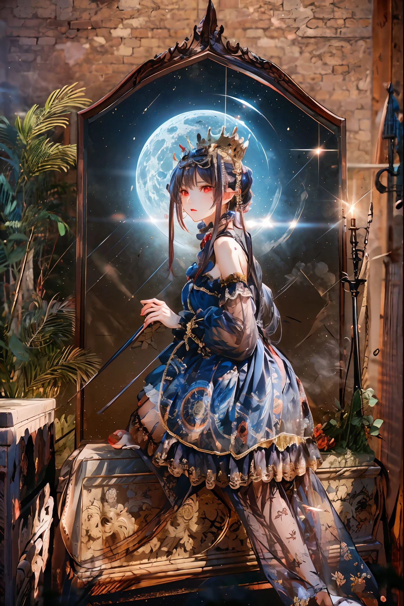 (((red eyes)))、(((Gold crown)))、A bewitching crimson eyed fairy with high quality red eyes and a sad expression、Sitting on a splendid chair in an abandoned castle、It looks like they are crossing their legs。luxurious crown，darkness and moonlight shining in the background、there are multiple old portraits hanging that make you feel the passage of time。meteor、空から降り注ぐmeteor、無数のmeteor群、the color of determination floats in her mouth、a small flame shines thinly。detailed 4K rendering,Ultra High Definition,Photographic Realism,professional,Extremely colorful,bokeh