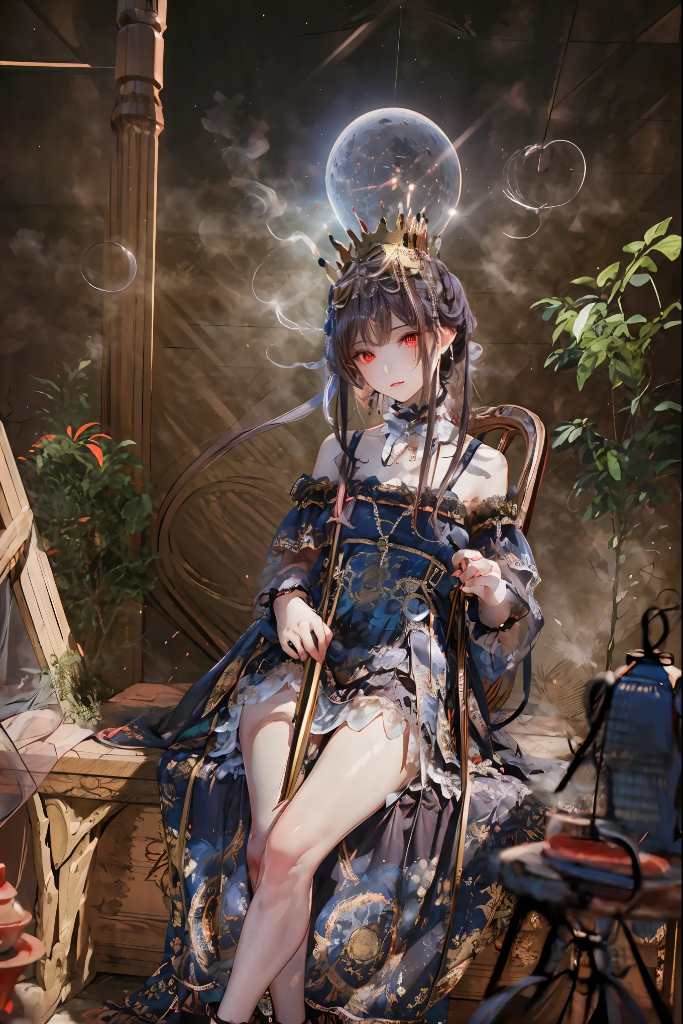 (((red eyes)))、(((Gold crown)))、A bewitching crimson eyed fairy with high quality red eyes and a sad expression、Sitting on a splendid chair in an abandoned castle、It looks like they are crossing their legs。luxurious crown，darkness and moonlight shining in the background、there are multiple old portraits hanging that make you feel the passage of time。meteor、空から降り注ぐmeteor、無数のmeteor群、the color of determination floats in her mouth、a small flame shines thinly。detailed 4K rendering,Ultra High Definition,Photographic Realism,professional,Extremely colorful,bokeh