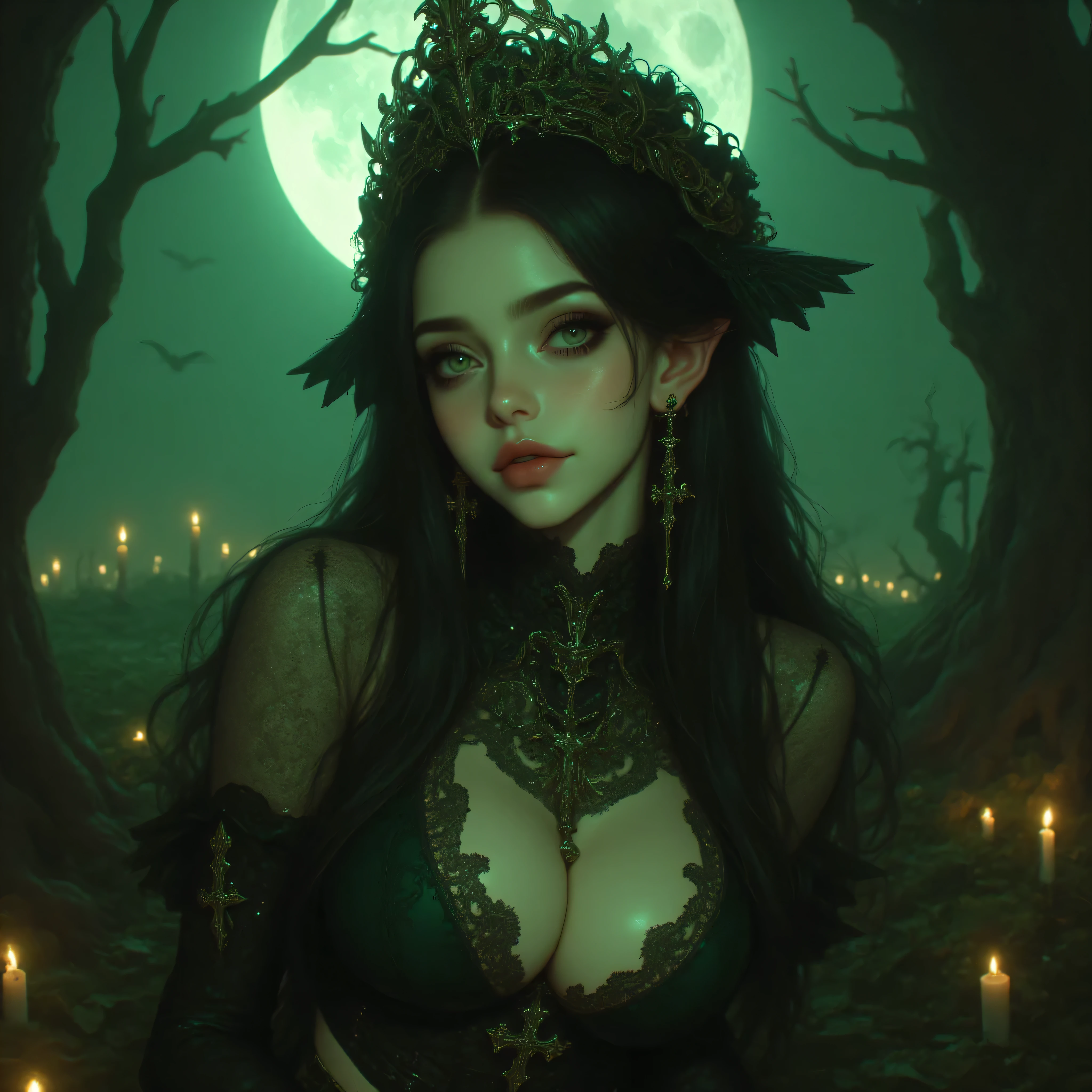 alluring, one hand resting gracefully on her hip, the other softly lifted, showing delicate, perfectly shaped fingers and elegant hand posture.
Her emerald green eyes are bright, sharp, and full of mystery — realistic, symmetrical, and expressive under the soft glow of the full moon. Her enchanting smile reveals perfect white teeth. The scene is surrounded by flickering candles, subtle mist, and twisted tree silhouettes, creating a magical, cinematic atmosphere with high detail and dramatic lighting.
ultra-realistic, photorealistic, cinematic lighting, high-resolution, detailed skin texture, perfect anatomy, elegant composition, gothic fantasy style, realistic eyes and hands, fine lace details, sharp focus, masterpiece, 8K quality.
Negative prompt (blurry eyes, deformed eyes, asymmetrical eyes, extra eyes, wrong eye color, missing pupils, distorted pupils, low detail eyes, poor hand anatomy, extra fingers, missing fingers, fused fingers, deformed hands, wrong hand position, blurry hands, low quality hands, unnatural finger pose, distorted body, broken limbs, unrealistic proportions, duplicate body parts, bad anatomy, low contrast, pixelated, noise, watermark, text, logo, signature, cropped body, cartoonish, bad lighting, oversaturated, low detail, out of focus)
