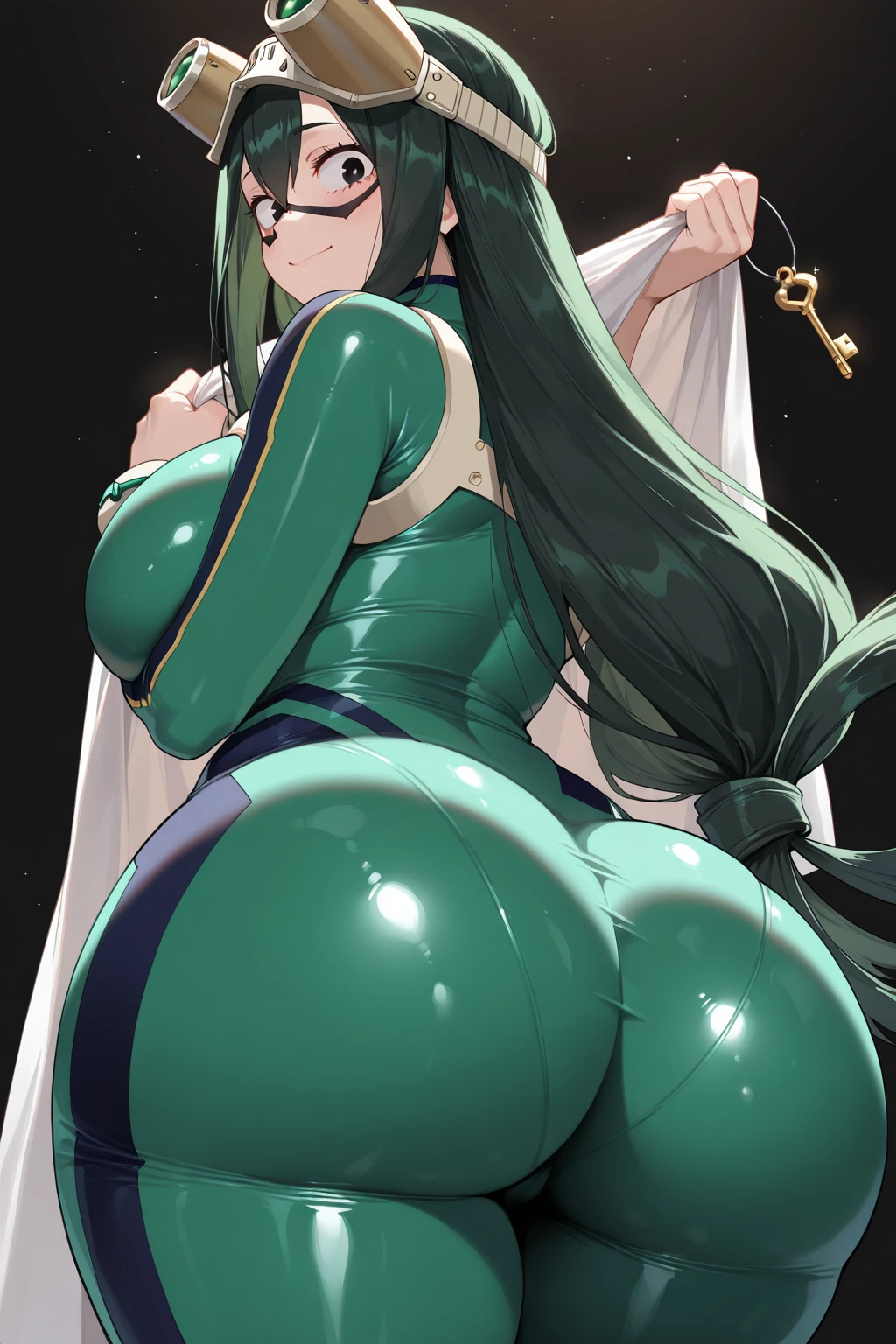 Code Geass, C.C, 1girl, (((bimbo))), long green hair, yellow eyes, ear rings, puffy lips, painted lips, thick lips, wide , thick thighs, small , huge , revealing cleavage, ,  face, bubble , , black  outfit,  posing, looking back, legs posing, walking, 