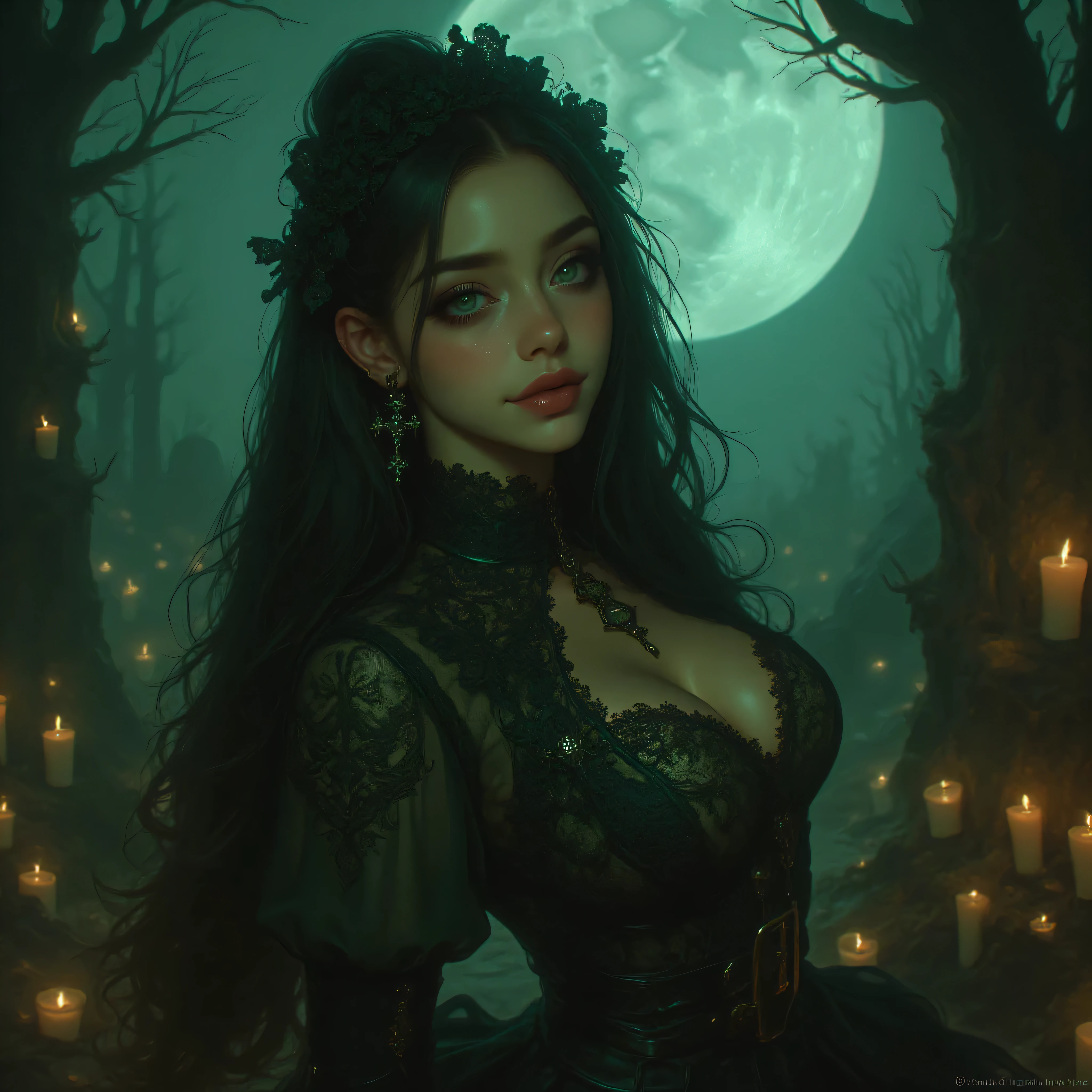 alluring, one hand resting gracefully on her hip, the other softly lifted, showing delicate, perfectly shaped fingers and elegant hand posture.

Her emerald green eyes are bright, sharp, and full of mystery — realistic, symmetrical, and expressive under the soft glow of the full moon. Her enchanting smile reveals perfect white teeth. The scene is surrounded by flickering candles, subtle mist, and twisted tree silhouettes, creating a magical, cinematic atmosphere with high detail and dramatic lighting.

ultra-realistic, photorealistic, cinematic lighting, high-resolution, detailed skin texture, perfect anatomy, elegant composition, gothic fantasy style, realistic eyes and hands, fine lace details, sharp focus, masterpiece, 8K quality.

 Negative prompt (blurry eyes, deformed eyes, asymmetrical eyes, extra eyes, wrong eye color, missing pupils, distorted pupils, low detail eyes, poor hand anatomy, extra fingers, missing fingers, fused fingers, deformed hands, wrong hand position, blurry hands, low quality hands, unnatural finger pose, distorted body, broken limbs, unrealistic proportions, duplicate body parts, bad anatomy, low contrast, pixelated, noise, watermark, text, logo, signature, cropped body, cartoonish, bad lighting, oversaturated, low detail, out of focus)