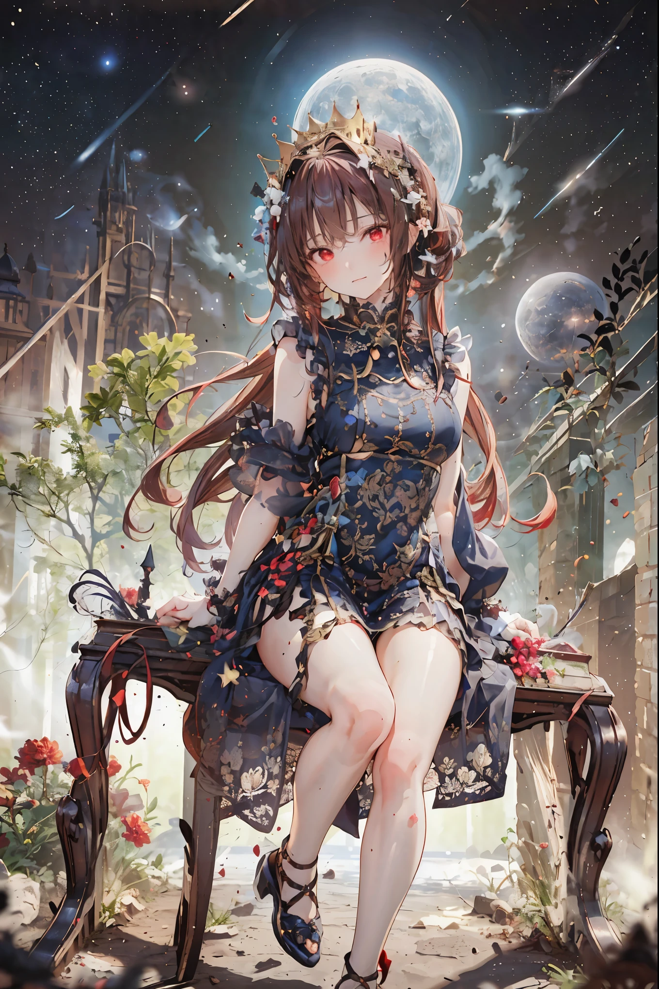 (((red eyes)))、(((Gold crown)))、A bewitching crimson eyed fairy with high quality red eyes and a sad expression、Sitting on a splendid chair in an abandoned castle、It looks like they are crossing their legs。luxurious crown，darkness and moonlight shining in the background、there are multiple old portraits hanging that make you feel the passage of time。meteor、空から降り注ぐmeteor、無数のmeteor群、the color of determination floats in her mouth、a small flame shines thinly。detailed 4K rendering,Ultra High Definition,Photographic Realism,professional,Extremely colorful,bokeh