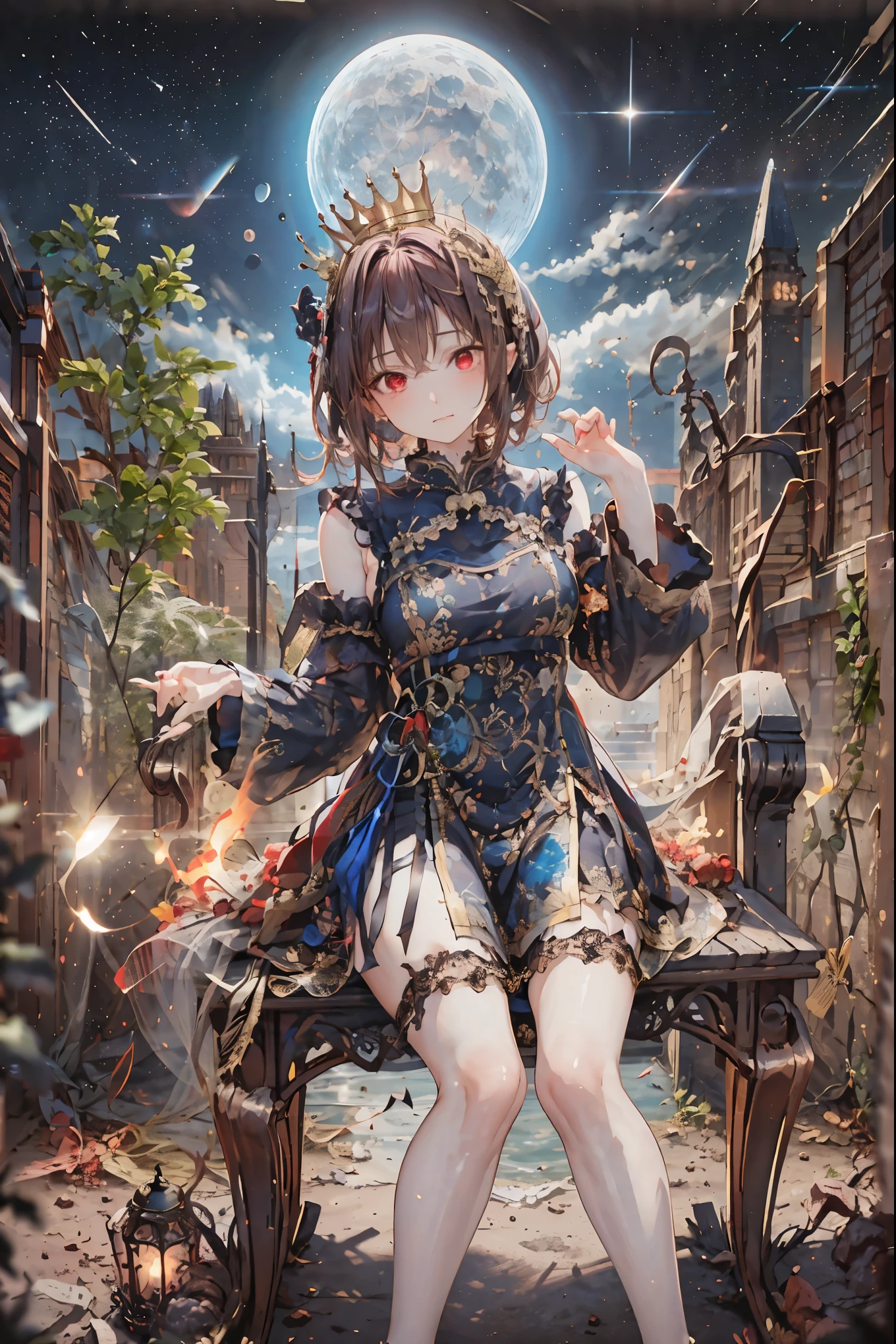 (((red eyes)))、(((Gold crown)))、A bewitching crimson eyed fairy with high quality red eyes and a sad expression、Sitting on a splendid chair in an abandoned castle、It looks like they are crossing their legs。luxurious crown，darkness and moonlight shining in the background、there are multiple old portraits hanging that make you feel the passage of time。meteor、空から降り注ぐmeteor、無数のmeteor群、the color of determination floats in her mouth、a small flame shines thinly。detailed 4K rendering,Ultra High Definition,Photographic Realism,professional,Extremely colorful,bokeh