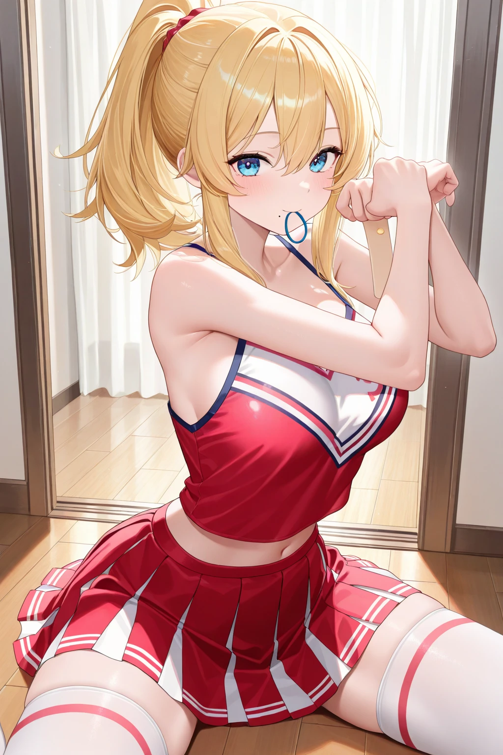 ((masterpiece)), Confused, ????,????????,((Lily_Pokemon)), She is sadistic、Aqua Eye, blonde,ponytail、Beautiful white skin、White ribbon, White Sailor Suit、????????????、White pleated skirt , Sleeveless, ((Charm))、Open your lips、 Grinning smile、Perfect proportions、(((Kickboxing)))、((In her room))、((kick the ?????))、(彼女は男をKick)、(((mixed wrestling))), (((She is hitting her knee))), ((One boy)), (Collapsed Man)、((?????)), (((?????????))), ((??? on feet)), ????? comes out of the ?????, (????? on her leg), Kick、Raise your knees、((Kick ?????))、